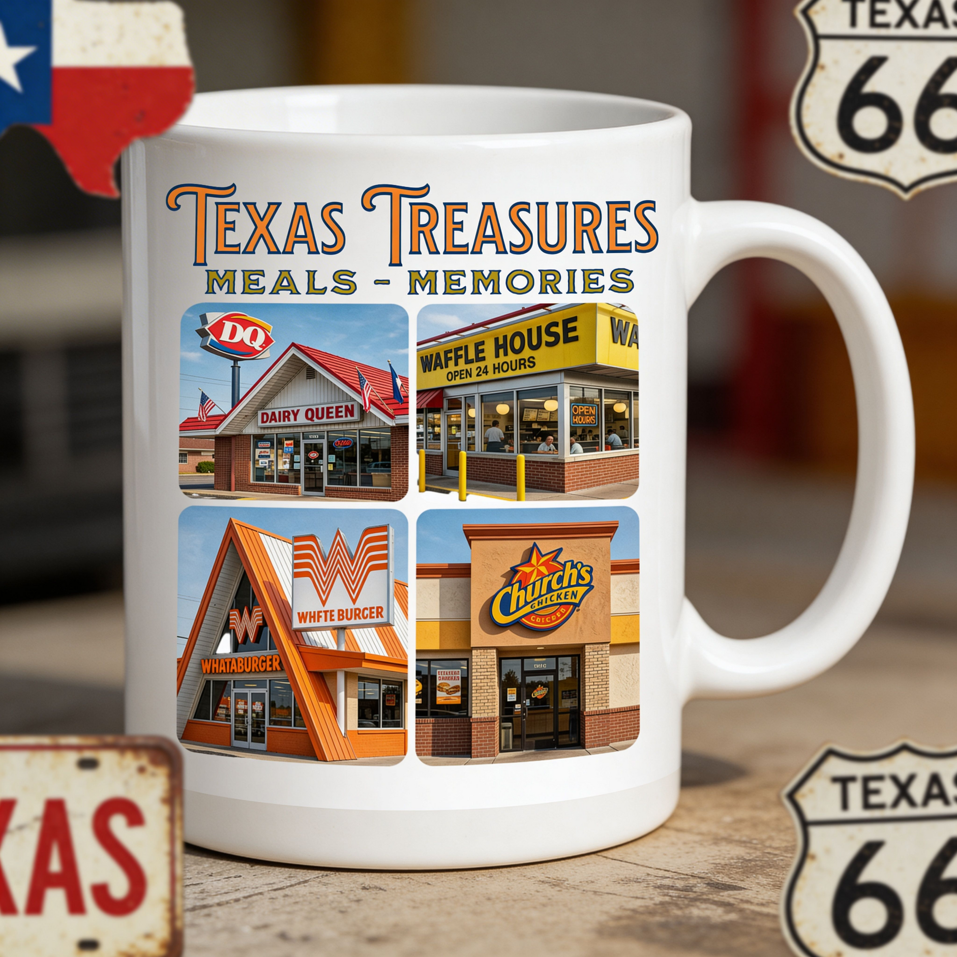 Mug with images of fast food restaurants and text 'Texas Treasures Meals Memories' on a wooden surface.