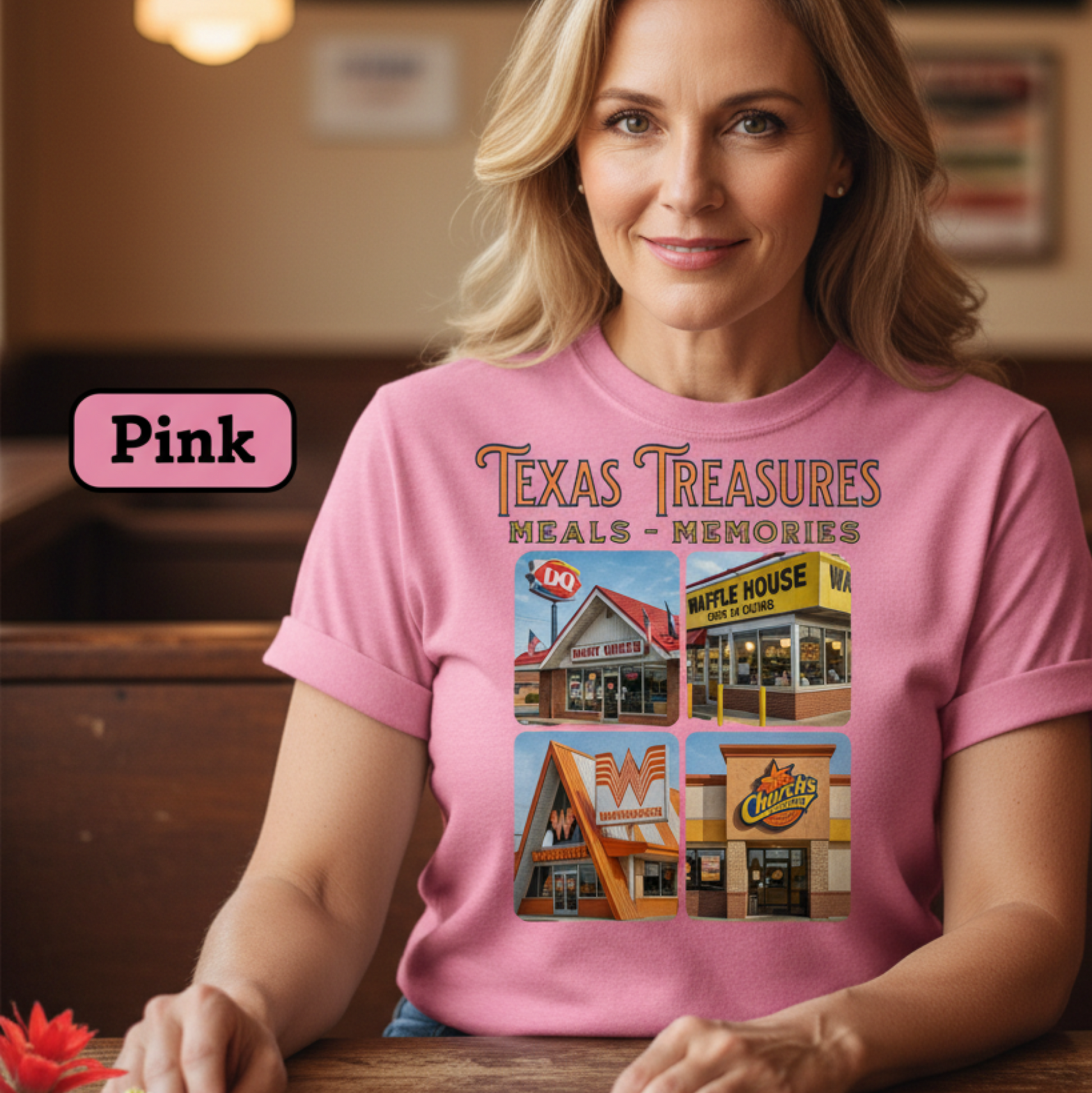 Lifestyle image of the Texas Treasures tee shirt worn during a road trip casual outing, capturing the essence of Texas pride."