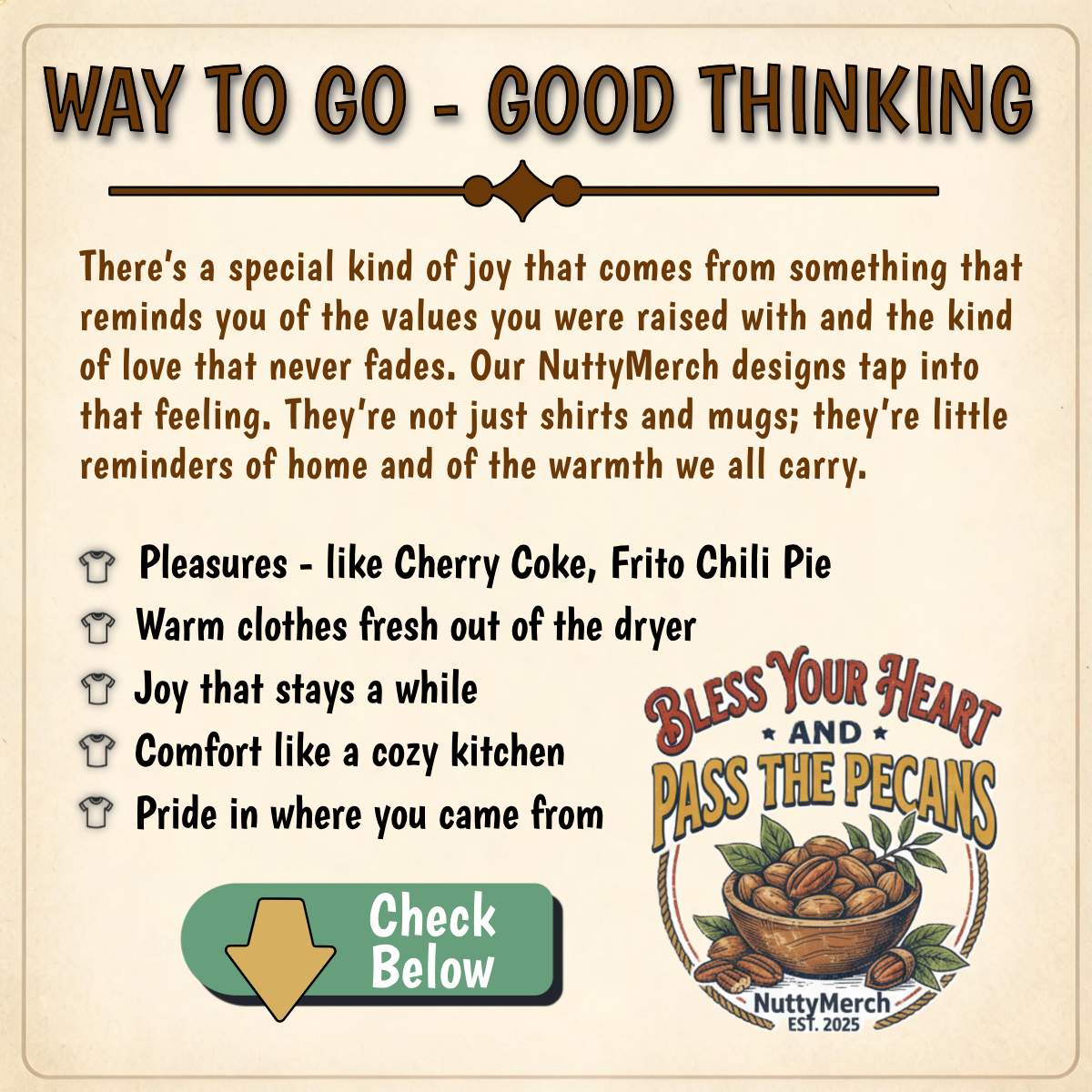 Promotional text for Nutty Merch with a rustic design and logo.