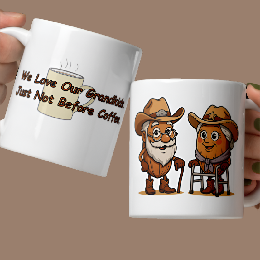 “We Love Our Grandkids. Just Not Before Coffee.” – Funny Grandparent Gift – Pecan Pete & Pattie Design – Witty Coffee Cup