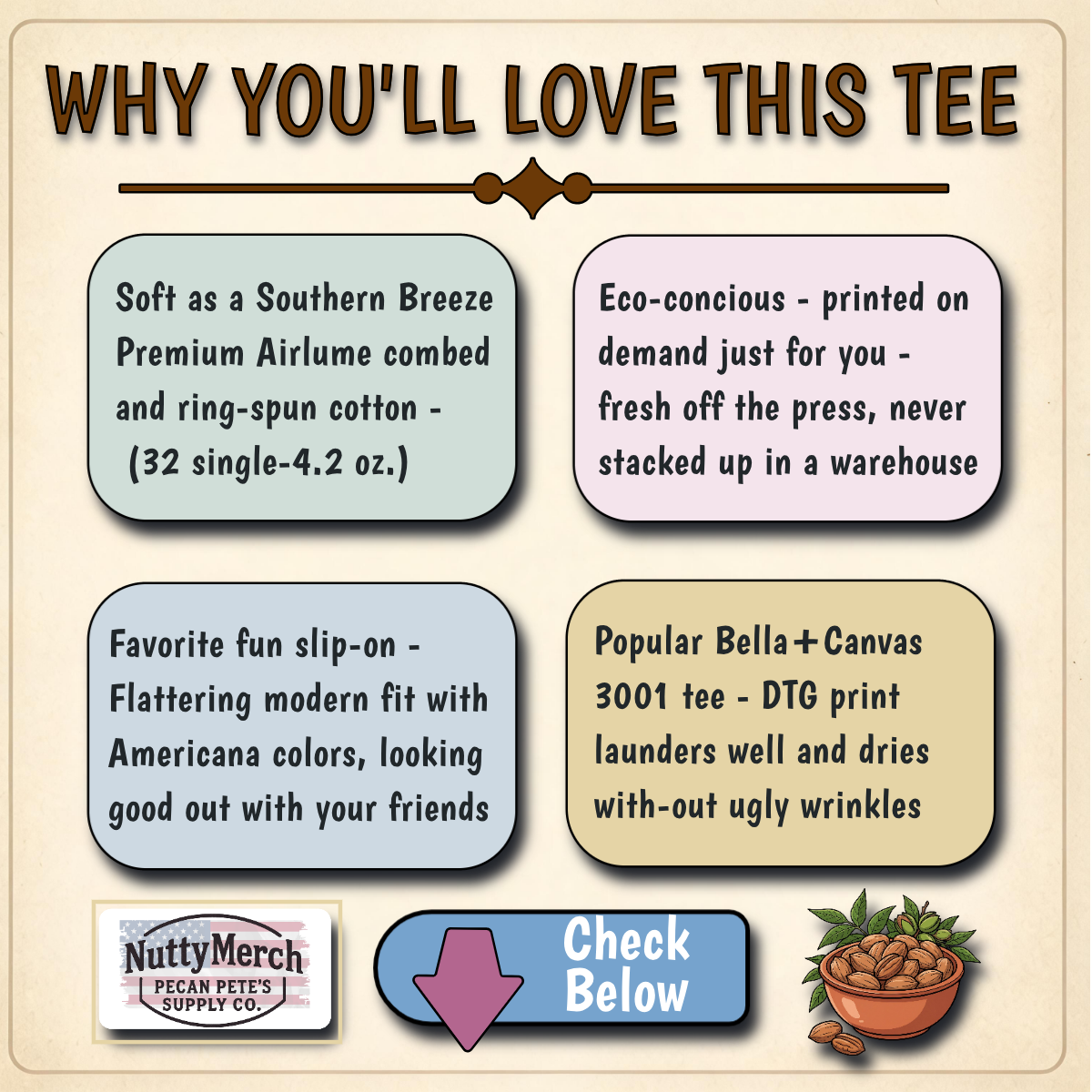 Promotional graphic for a t-shirt listing features and benefits on a beige background.