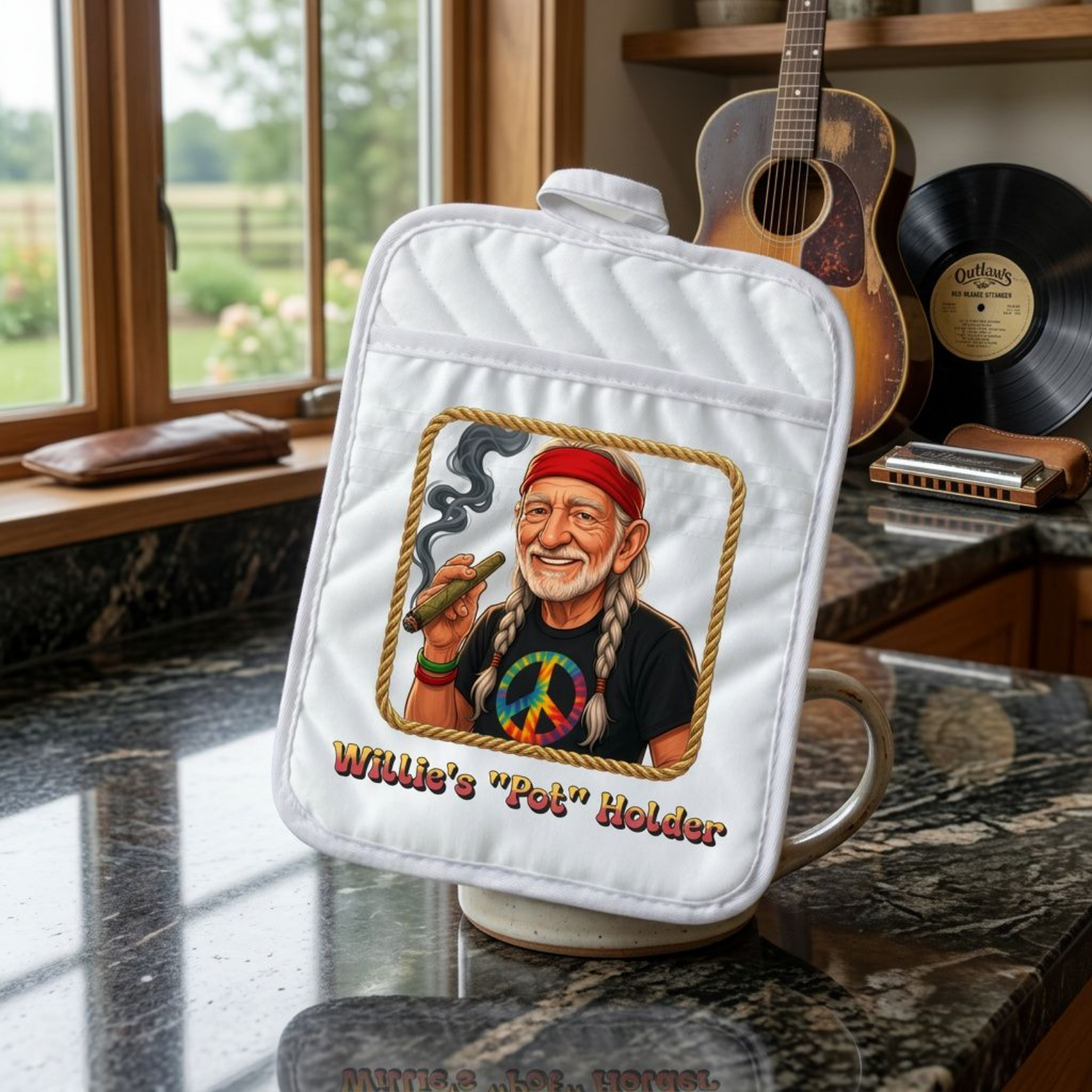 Willie's "POT" Holder - Funny Caricature Pot Holder, Hilarious Kitchen Trivet, Country Music Gag Gift, Novelty Hot Pad, Texas Twang