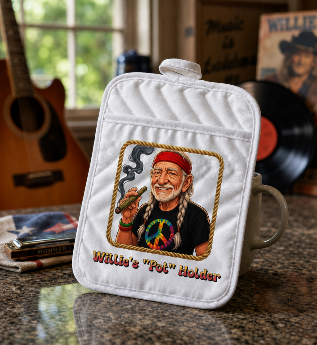Willie's "POT" Holder - Funny Caricature Pot Holder, Hilarious Kitchen Trivet, Country Music Gag Gift, Novelty Hot Pad, Texas Twang