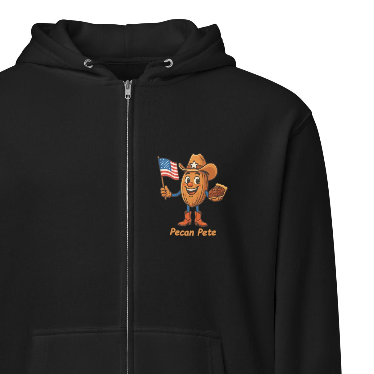 Lane Seven LS14003 premium full-zip hoodie featuring the NuttyMerch character Pecan Pete printed on the chest, shown on a soft fleece unisex hoodie.