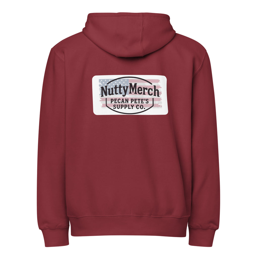 Lane Seven LS14003 premium full-zip hoodie featuring the NuttyMerch character Pecan Pete printed on the chest, shown on a soft fleece unisex hoodie.