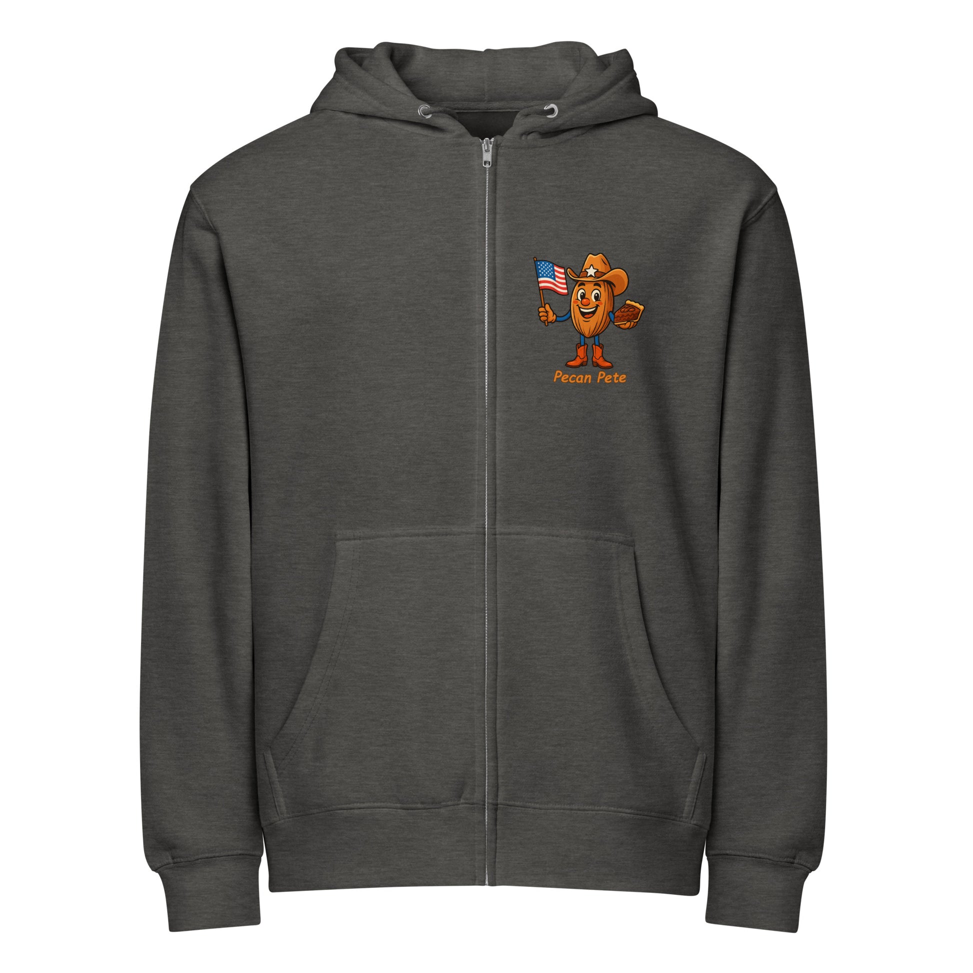 Lane Seven LS14003 premium full-zip hoodie featuring the NuttyMerch character Pecan Pete printed on the chest, shown on a soft fleece unisex hoodie.