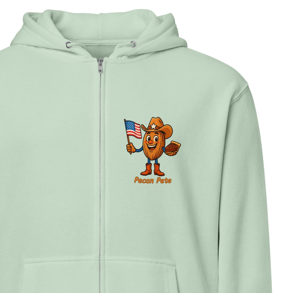 Lane Seven LS14003 premium full-zip hoodie featuring the NuttyMerch character Pecan Pete printed on the chest, shown on a soft fleece unisex hoodie.
