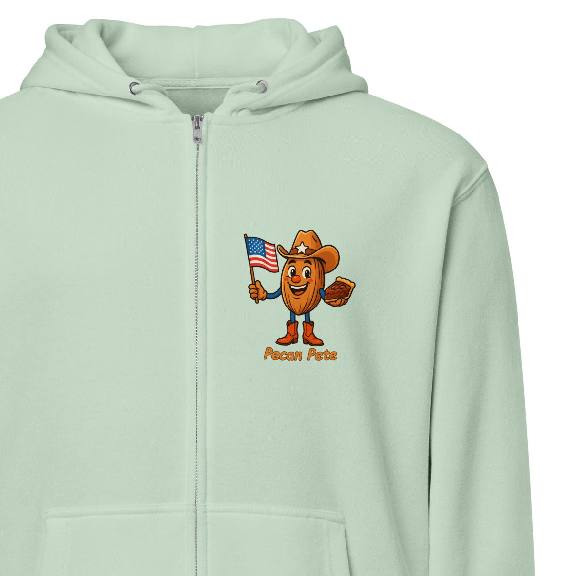 Lane Seven LS14003 premium full-zip hoodie featuring the NuttyMerch character Pecan Pete printed on the chest, shown on a soft fleece unisex hoodie.
