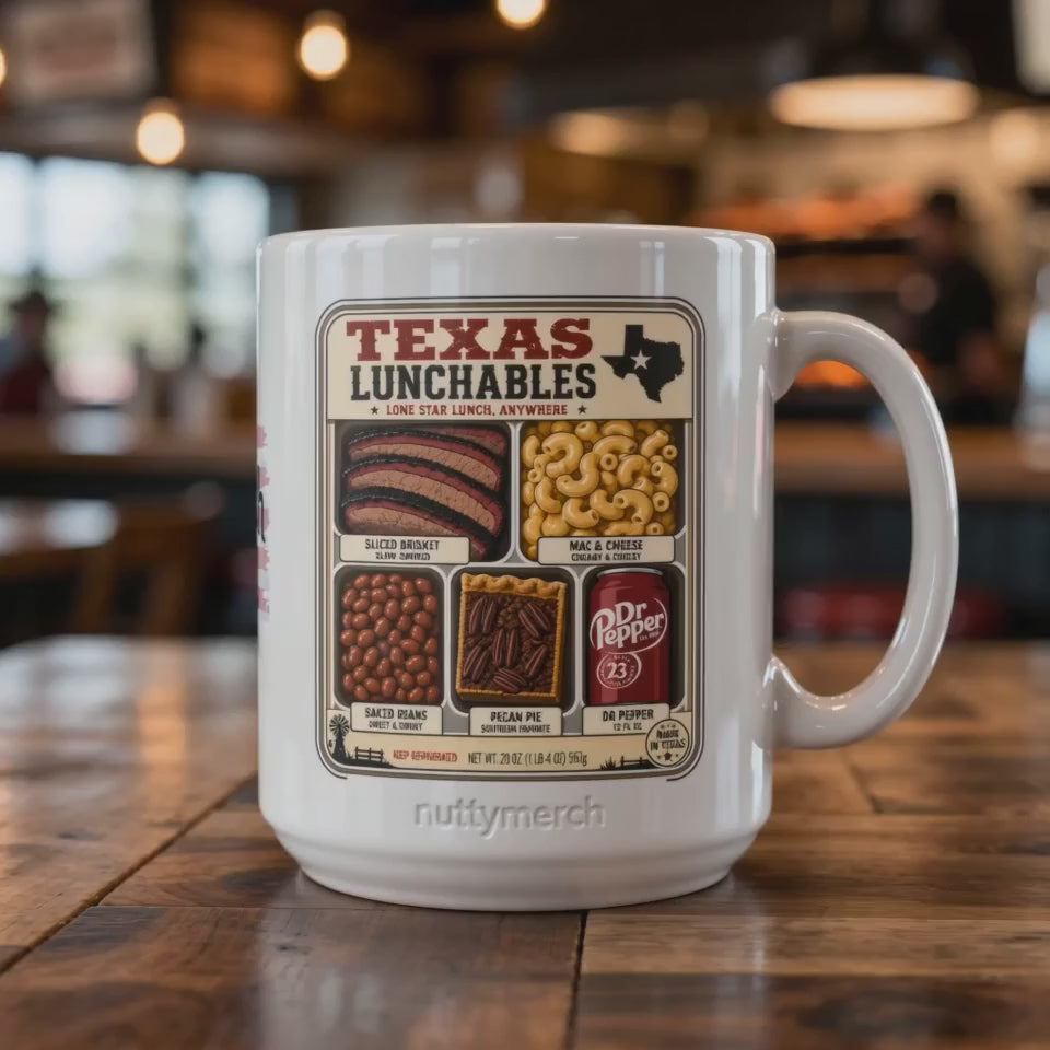 Texas Lunchables  - BBQ - Mac and Cheese - Pecan Pie - Baked Beans - Soda Pop - Mug