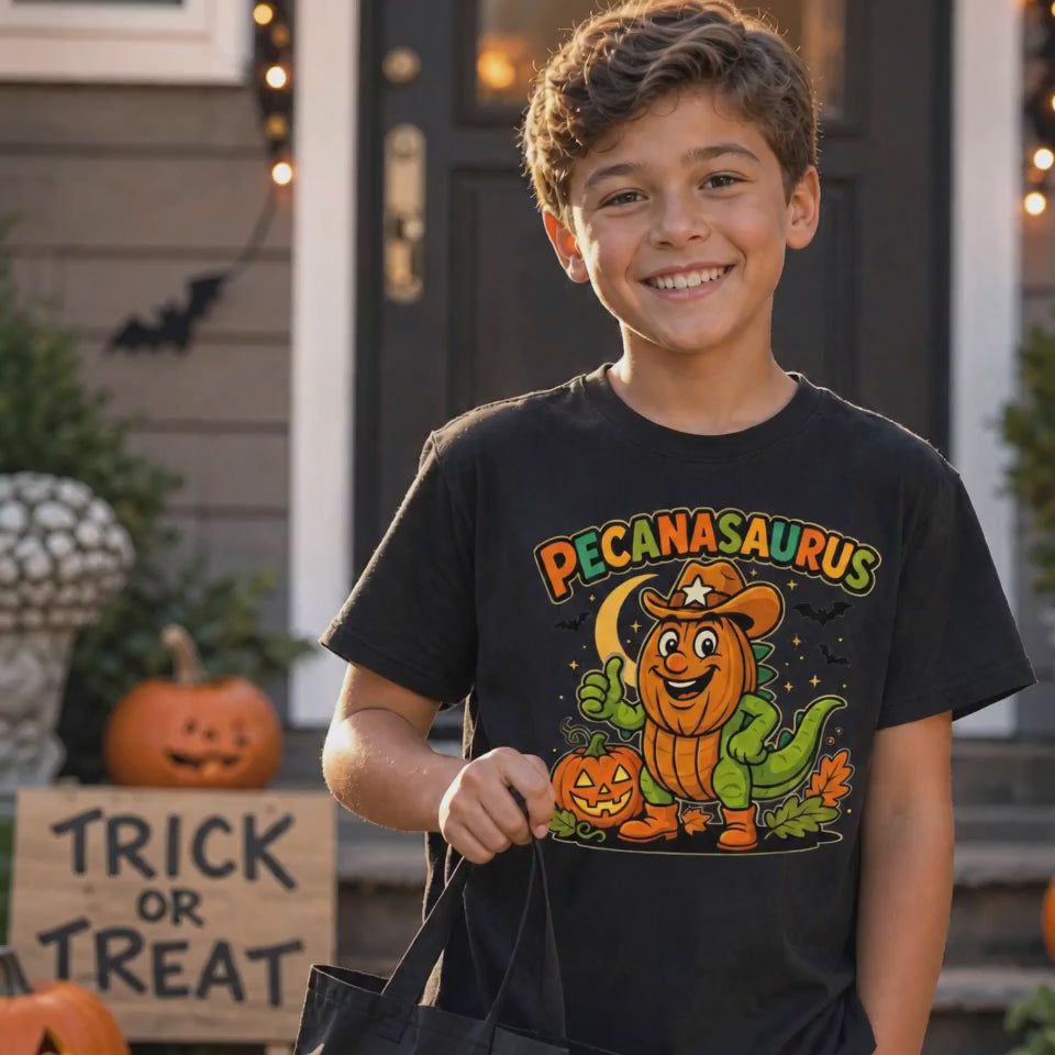 Black t-shirt with a Halloween graphic featuring the word "PECANASAURUS" above a green dinosaur wearing a pumpkin head, cowboy hat, and boots, set against a dark night background with a crescent moon, bats, and jack-o'-lanterns.