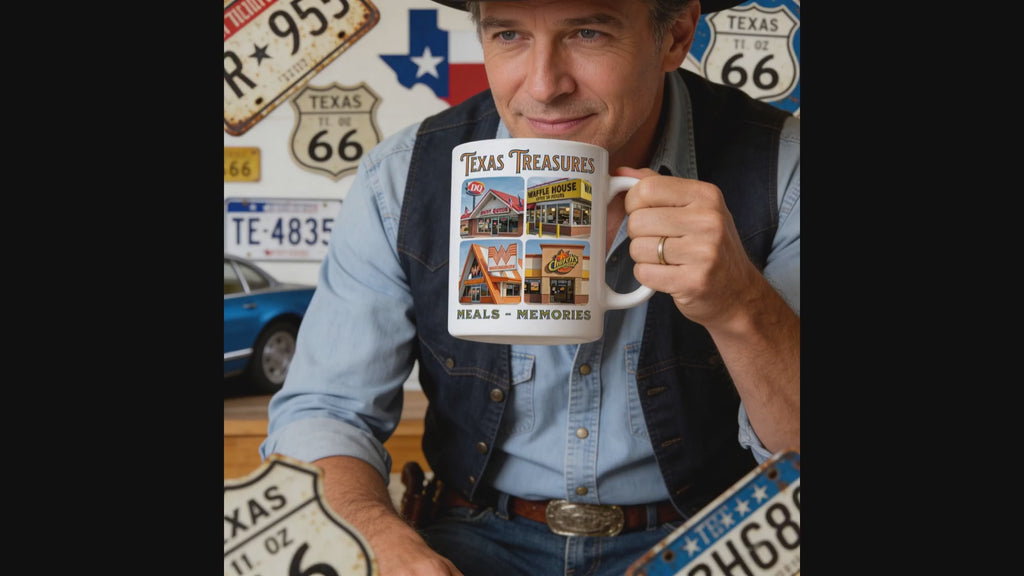 Mug with images of fast food restaurants and text 'Texas Treasures Meals Memories'.