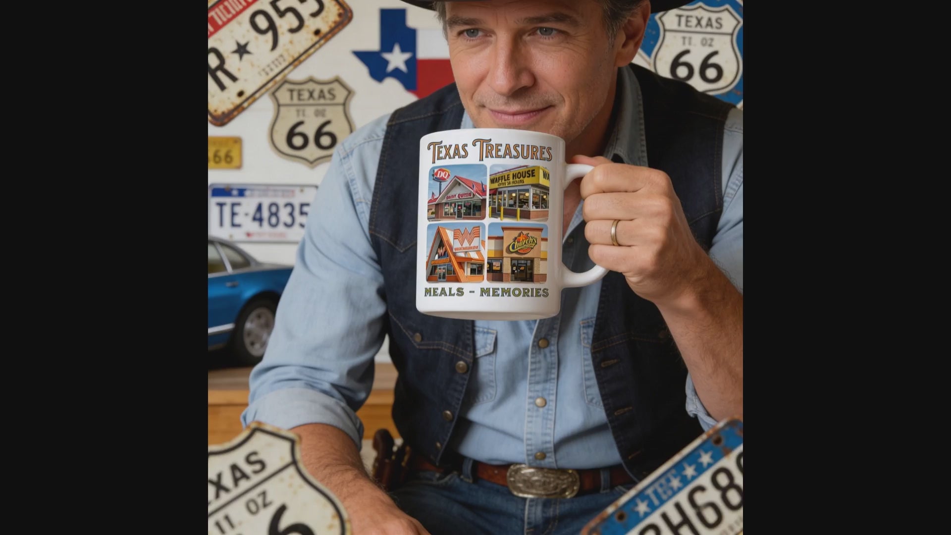 Mug with images of fast food restaurants and text 'Texas Treasures Meals Memories'.