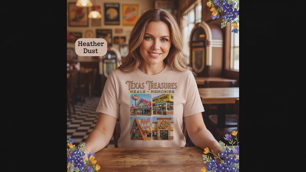 Video of the Texas Treasures tee shirt worn during a road trip casual outing, capturing the essence of Texas pride."