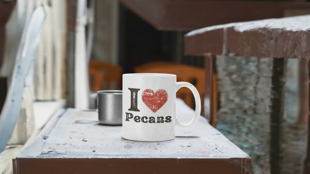 I Heart Pecans Coffee Mug –z White Glossy Ceramic Cup for Pecan Lovers, Southern Americana Style