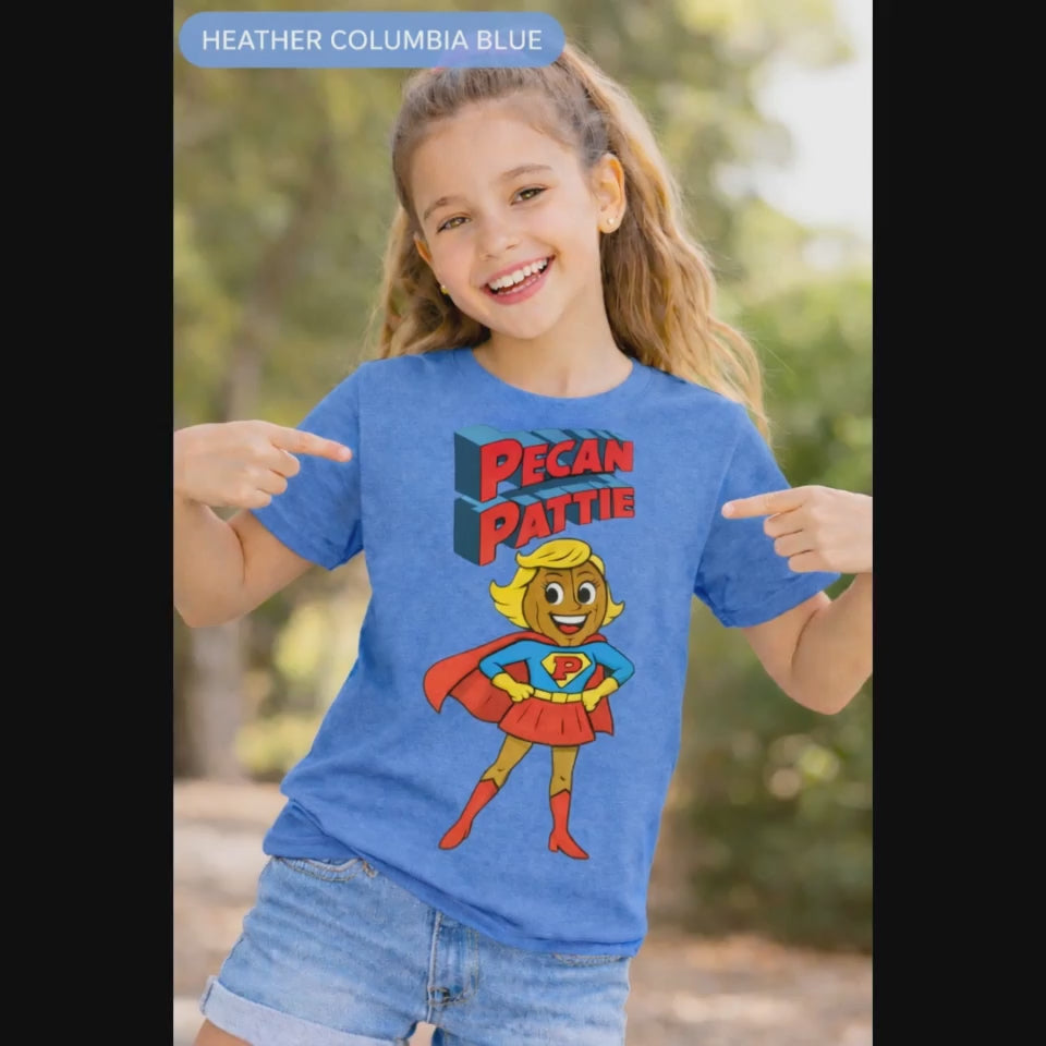 Super Pecan Pattie Kids Shirt – Cute Pecan Superhero Tee  –  Texas Pecan Gift – Youth Bella+Canva Tee