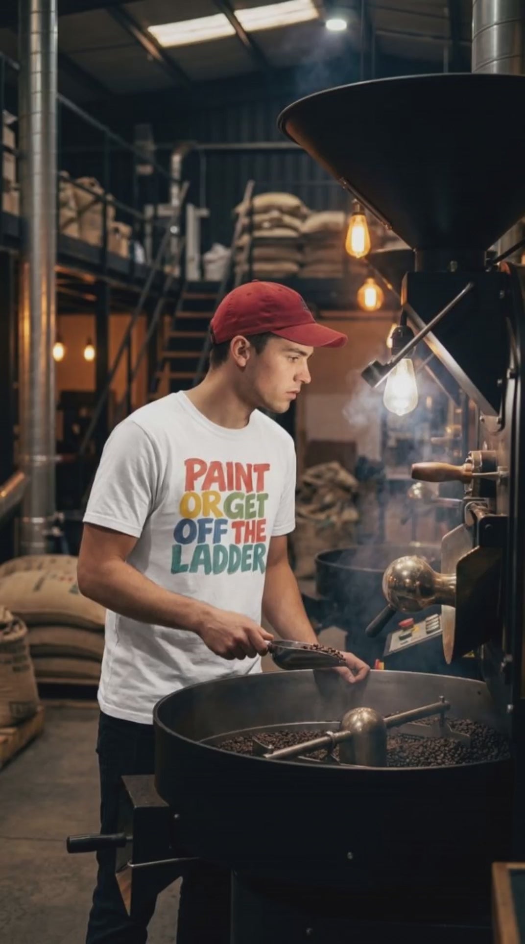 Paint of Get off the Ladder video mixing coffee beans