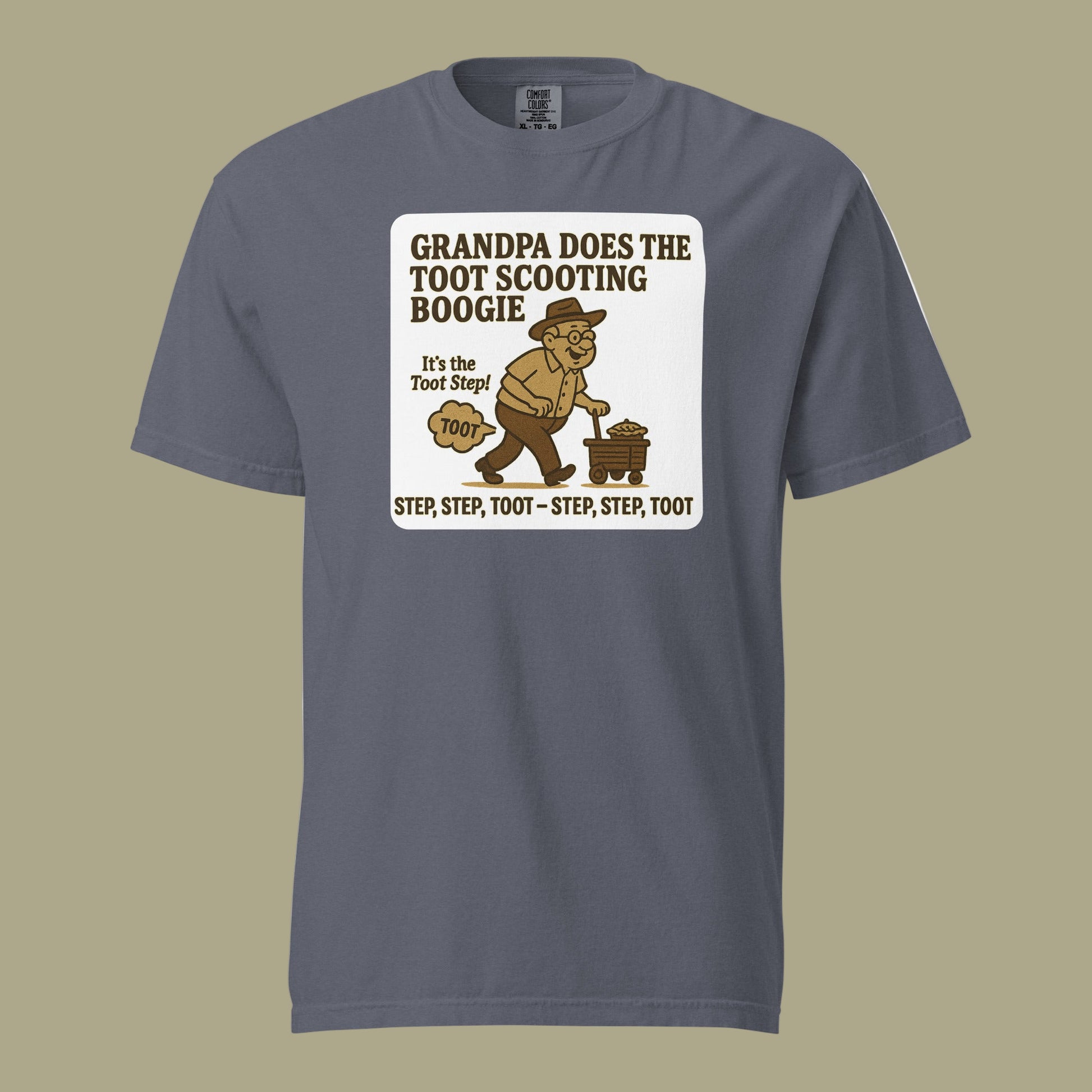 Denim Bella + Canvas 3001U unisex t-shirt, made in USA, featuring retro cartoon grandpa dancing with the text “Grandpa Does the Toot Scooting Boogie – Step, Step, Toot – Step, Step, Toot.”