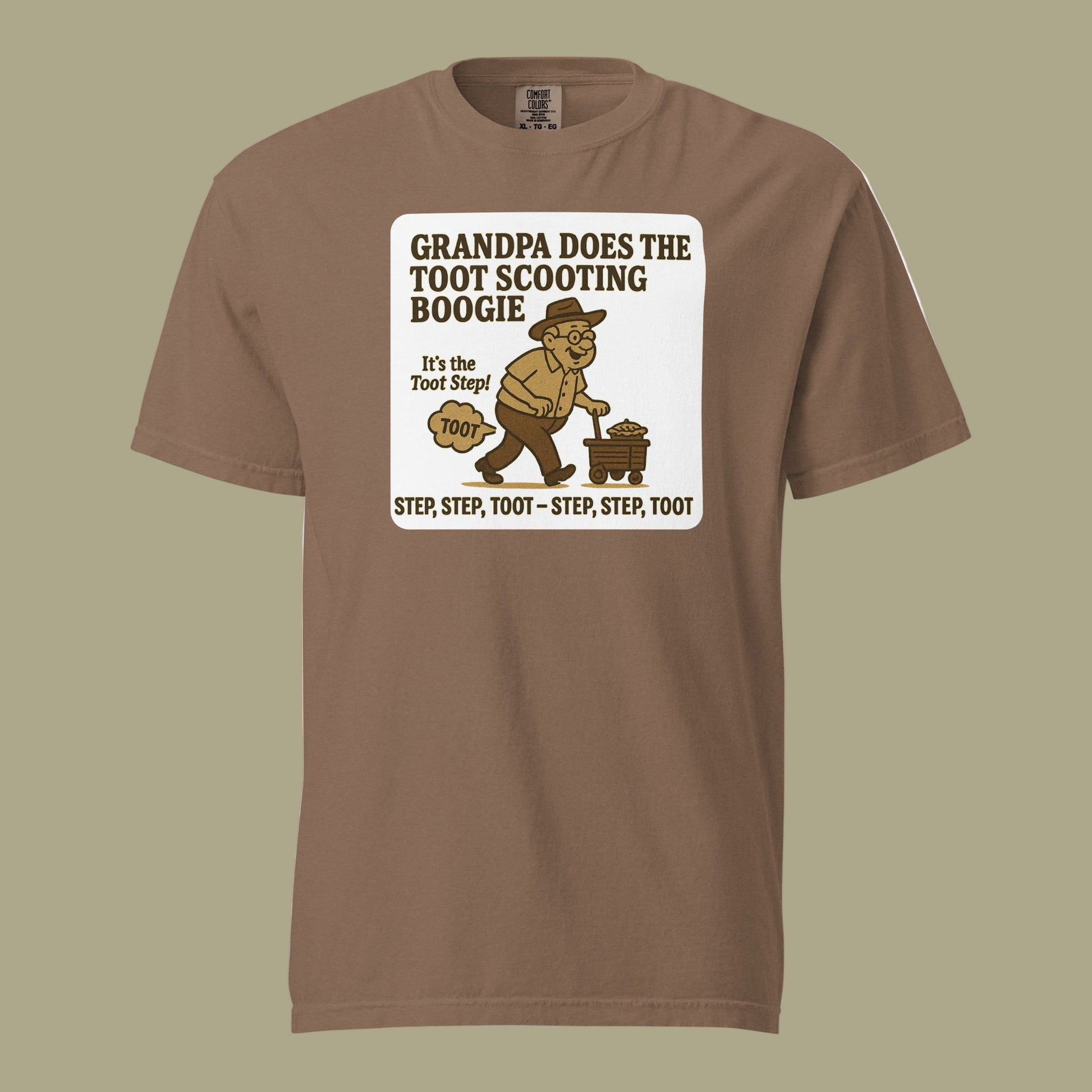 Expresso Bella + Canvas 3001U unisex t-shirt, made in USA, featuring retro cartoon grandpa dancing with the text “Grandpa Does the Toot Scooting Boogie – Step, Step, Toot – Step, Step, Toot.”