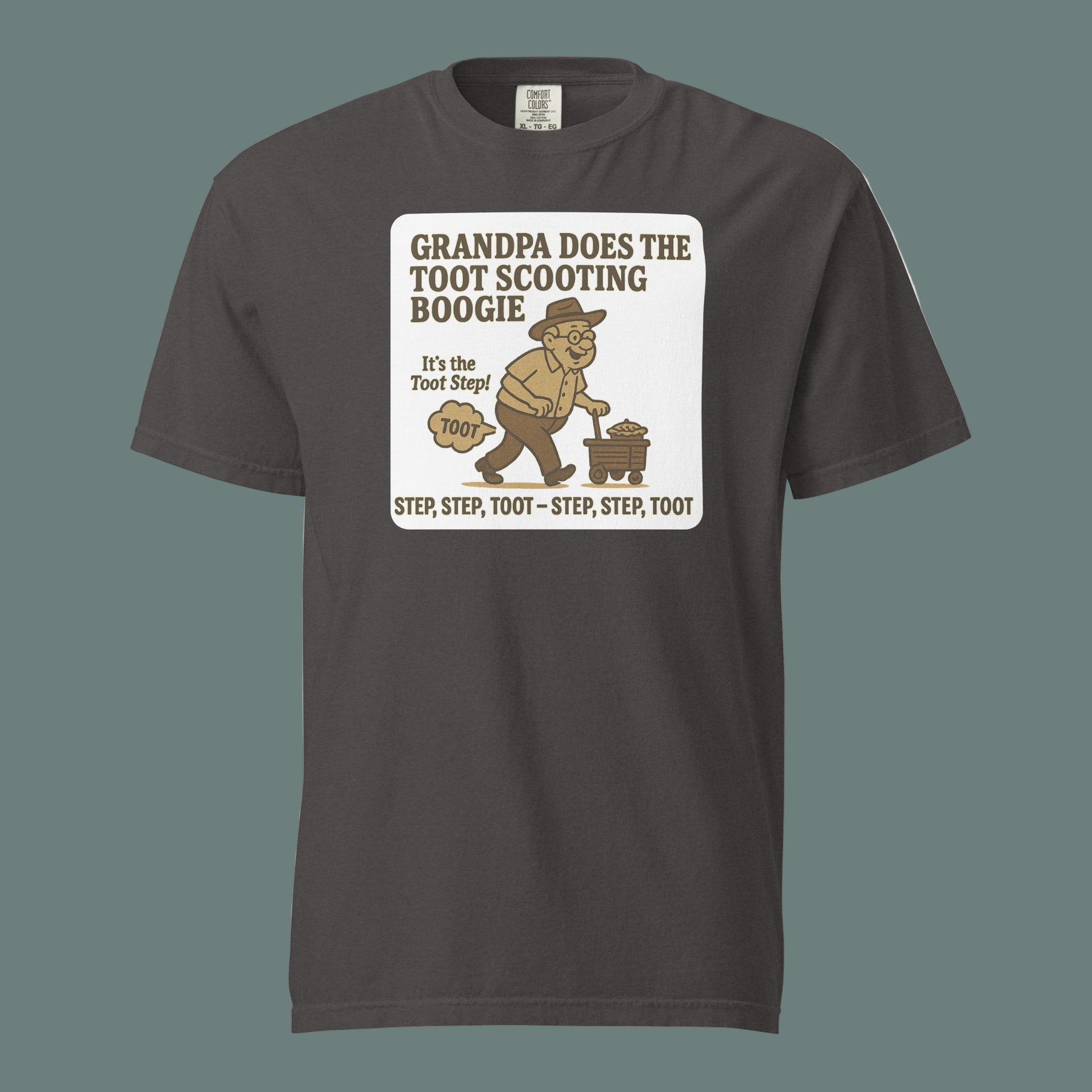 Graphite Bella + Canvas 3001U unisex t-shirt, made in USA, featuring retro cartoon grandpa dancing with the text “Grandpa Does the Toot Scooting Boogie – Step, Step, Toot – Step, Step, Toot.”