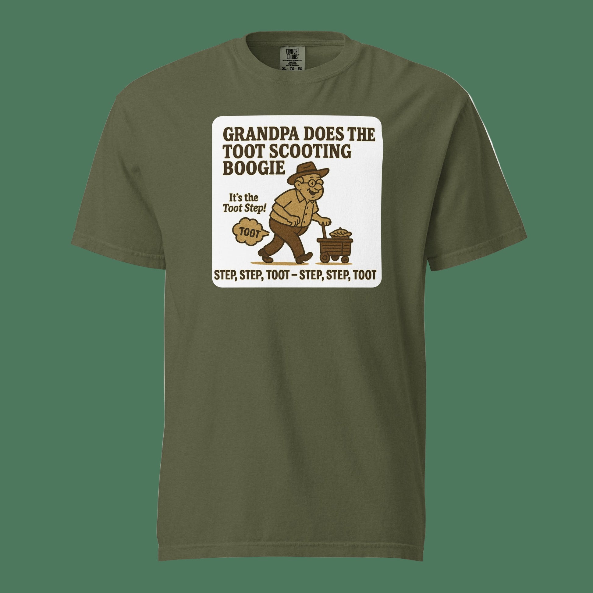 Hemp Bella + Canvas 3001U unisex t-shirt, made in USA, featuring retro cartoon grandpa dancing with the text “Grandpa Does the Toot Scooting Boogie – Step, Step, Toot – Step, Step, Toot.”
