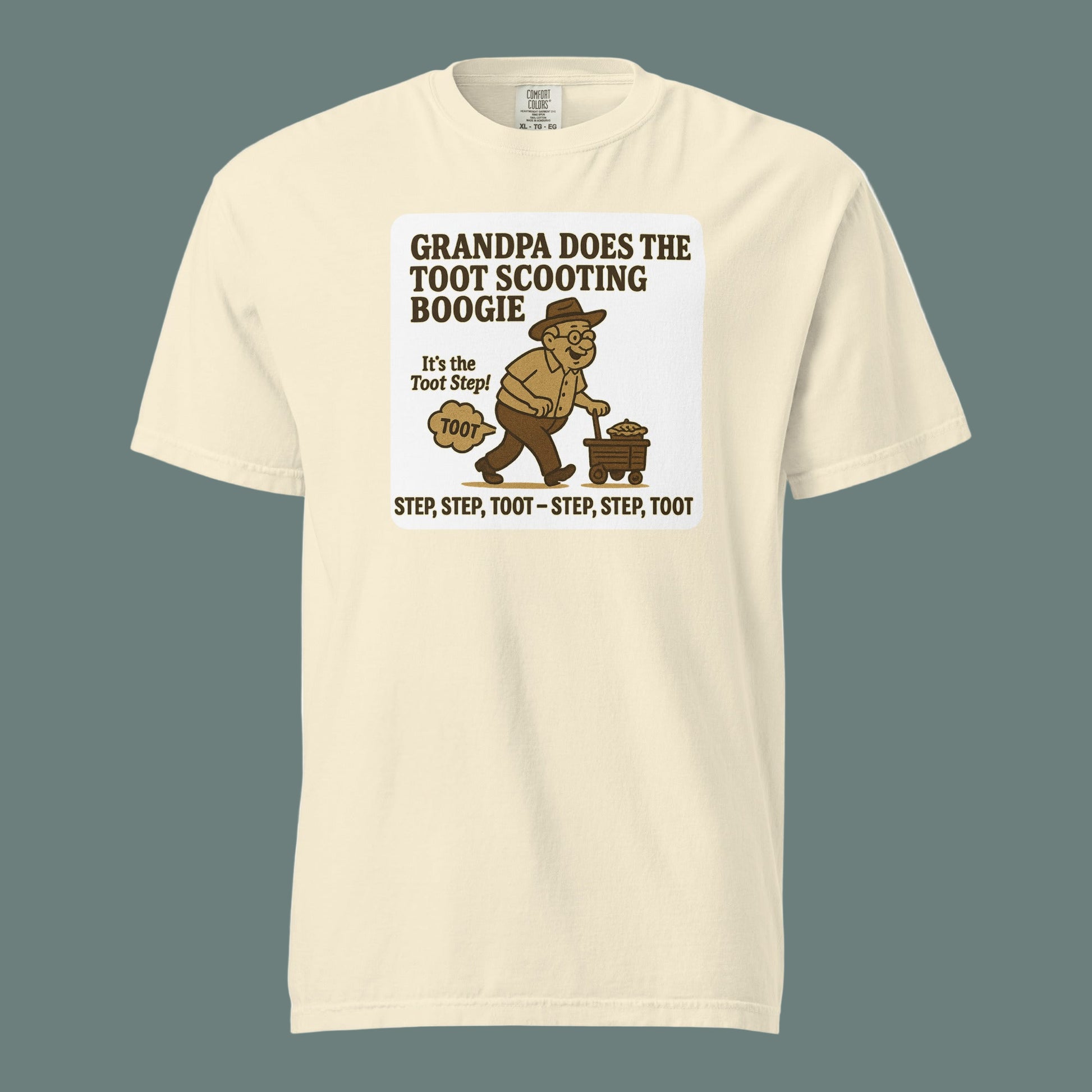 Ivory Bella + Canvas 3001U unisex t-shirt, made in USA, featuring retro cartoon grandpa dancing with the text “Grandpa Does the Toot Scooting Boogie – Step, Step, Toot – Step, Step, Toot.”