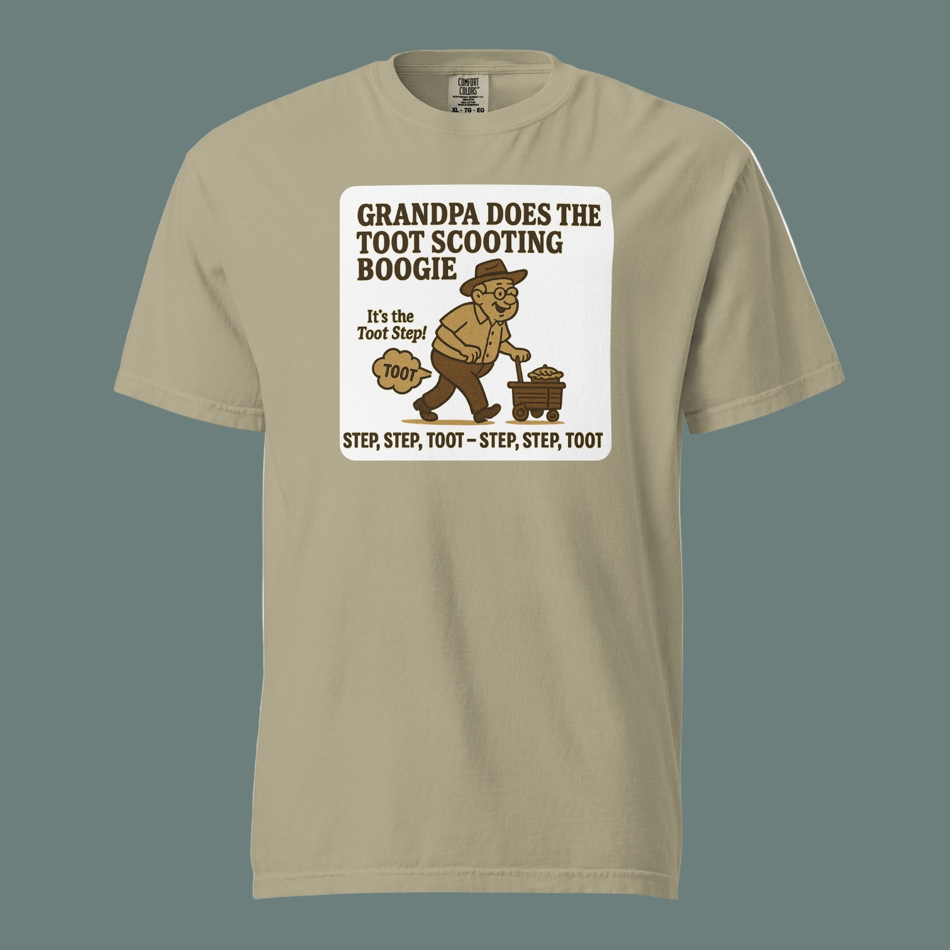 Khaki Bella + Canvas 3001U unisex t-shirt, made in USA, featuring retro cartoon grandpa dancing with the text “Grandpa Does the Toot Scooting Boogie – Step, Step, Toot – Step, Step, Toot.”