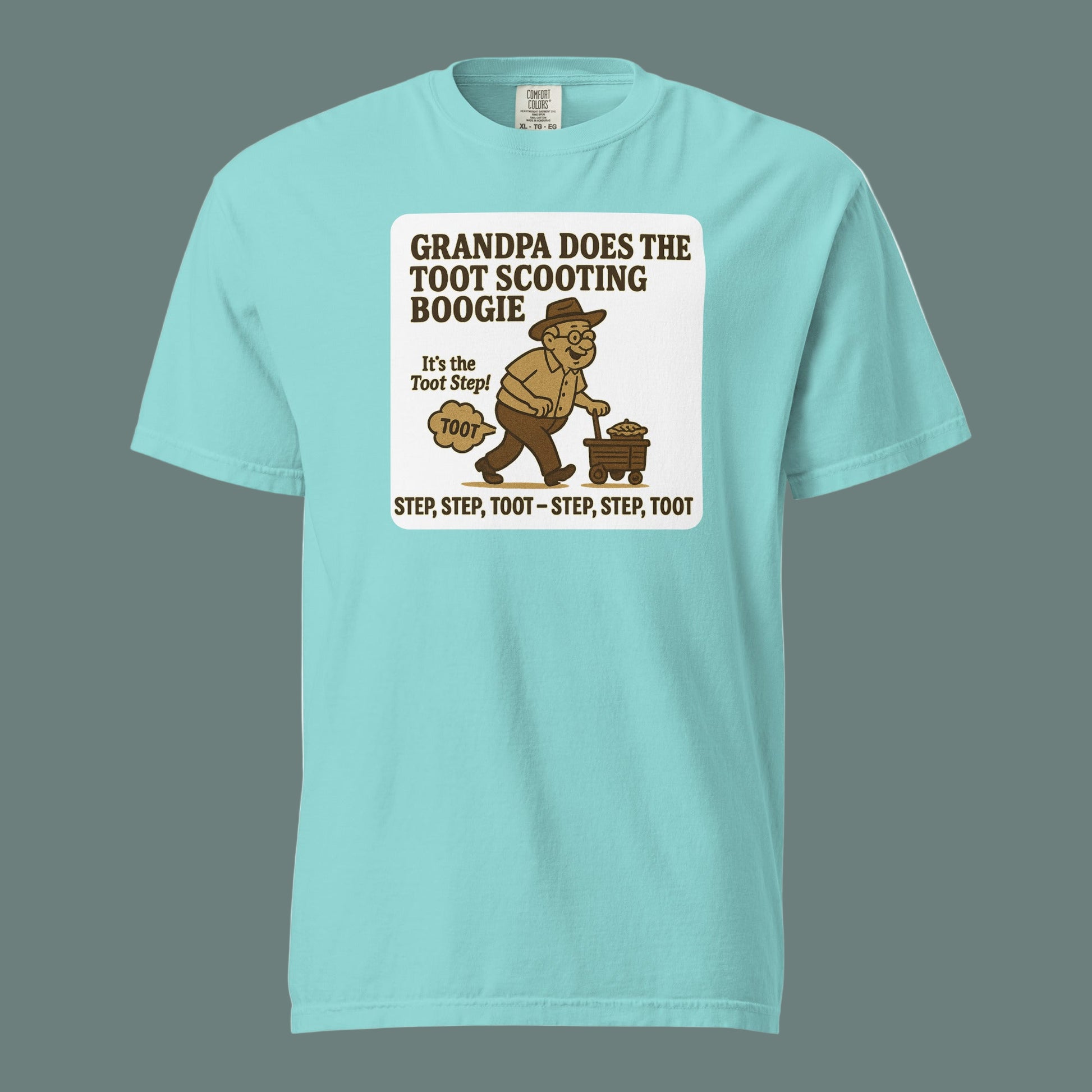Lagoon Blue Bella + Canvas 3001U unisex t-shirt, made in USA, featuring retro cartoon grandpa dancing with the text “Grandpa Does the Toot Scooting Boogie – Step, Step, Toot – Step, Step, Toot.”
