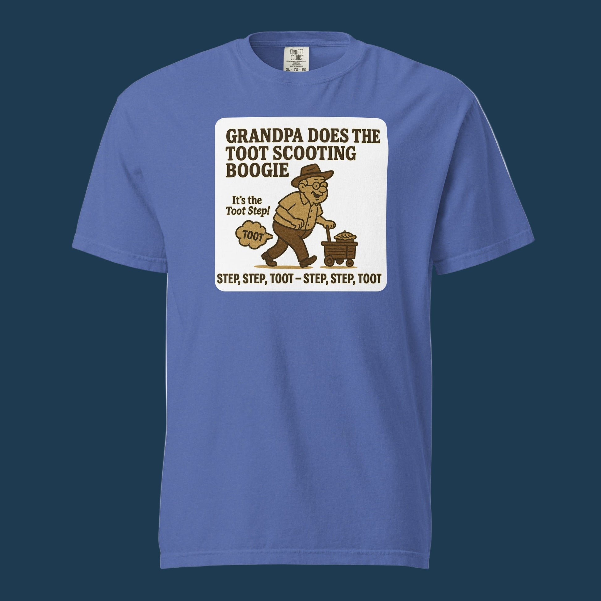 Mystic Blue Bella + Canvas 3001U unisex t-shirt, made in USA, featuring retro cartoon grandpa dancing with the text “Grandpa Does the Toot Scooting Boogie – Step, Step, Toot – Step, Step, Toot.”
