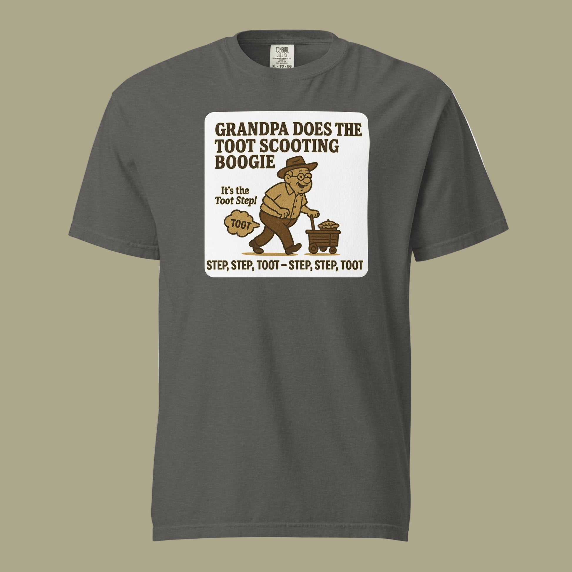 Pepper Bella + Canvas 3001U unisex t-shirt, made in USA, featuring retro cartoon grandpa dancing with the text “Grandpa Does the Toot Scooting Boogie – Step, Step, Toot – Step, Step, Toot.”