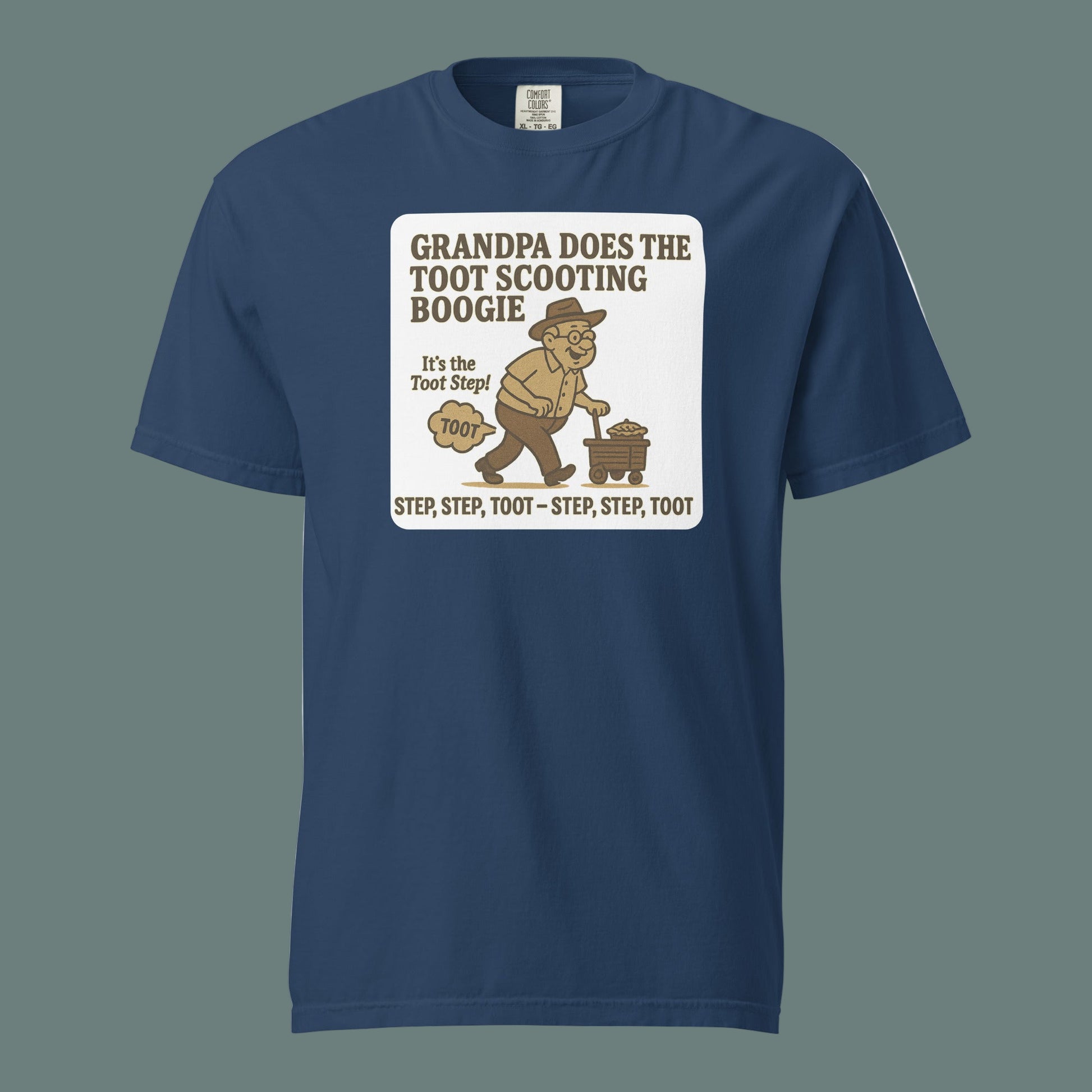 True Navy Bella + Canvas 3001U unisex t-shirt, made in USA, featuring retro cartoon grandpa dancing with the text “Grandpa Does the Toot Scooting Boogie – Step, Step, Toot – Step, Step, Toot.”