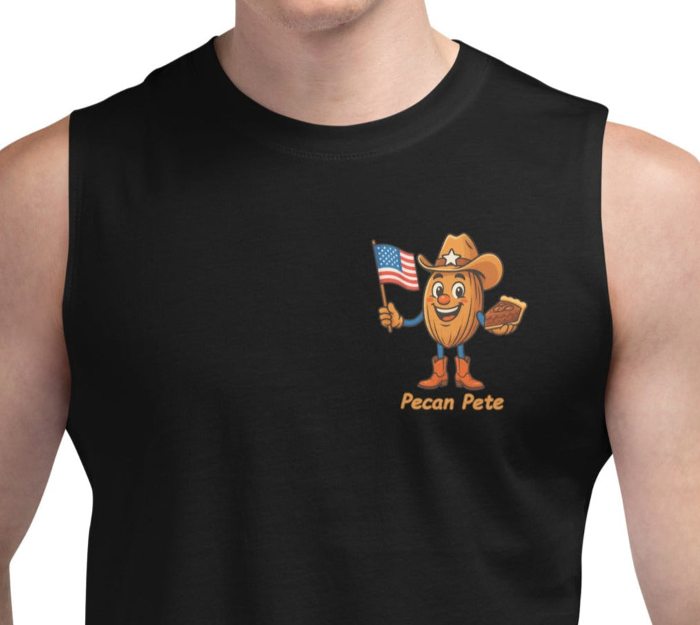 Front view of unisex Bella + Canvas 3483 muscle tank in black featuring Pecan Pete holding American flag and pecan pie, gym wear design.Product mockup