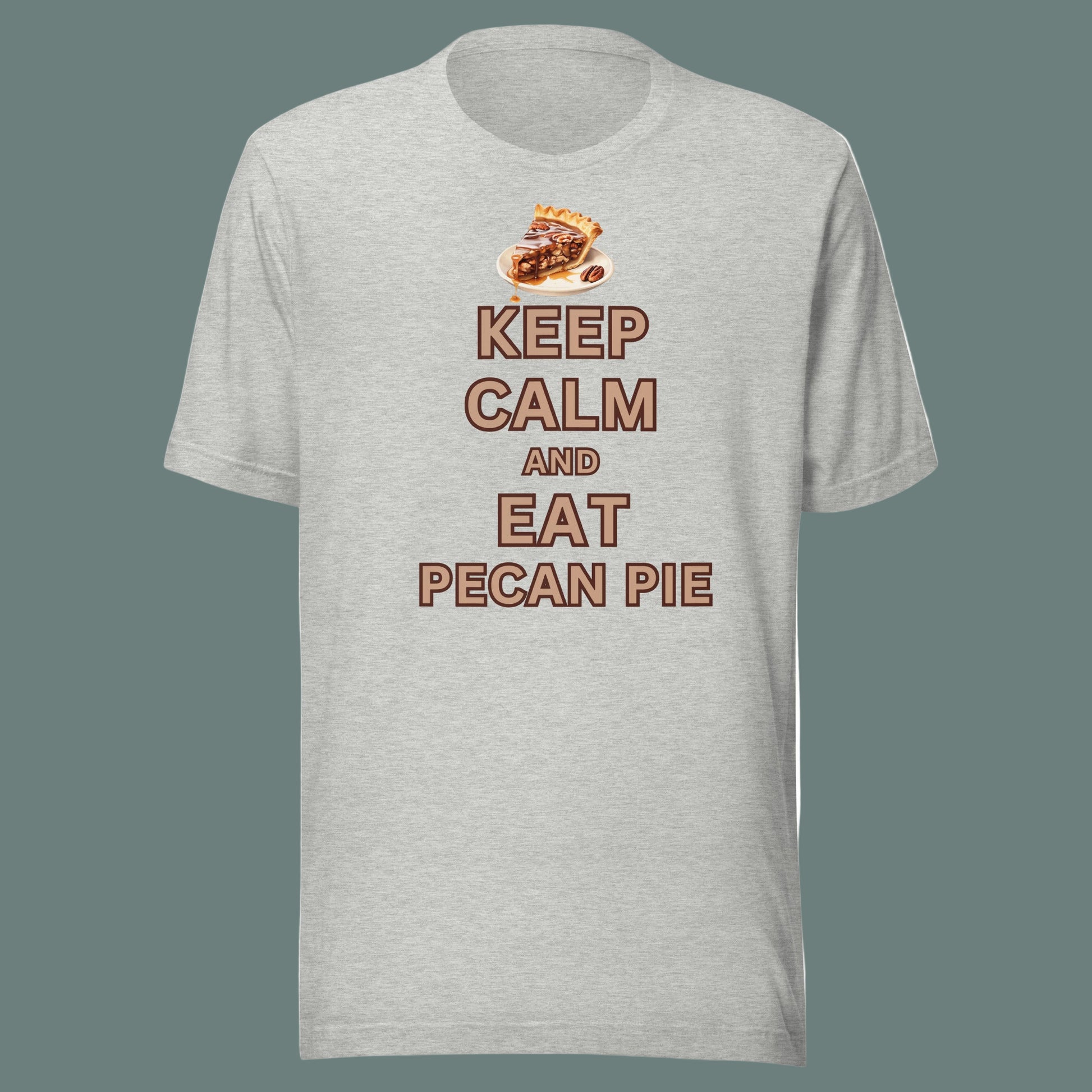 Keep Calm and Eat Pecan Pie t-shirt with pecan pie slice graphic, funny parody slogan tee on premium Bella Canvas 3001U, made in USA