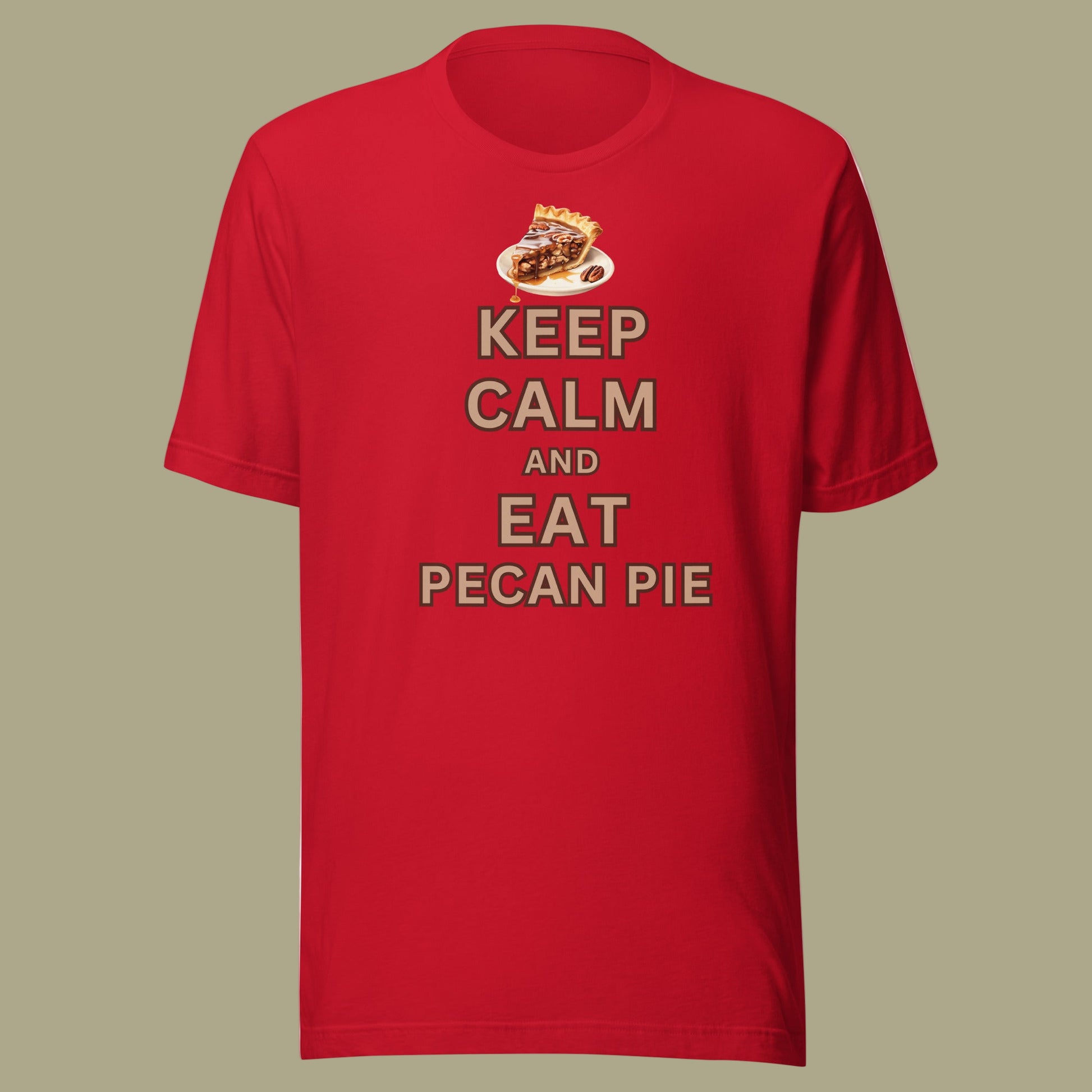 Keep Calm and Eat Pecan Pie t-shirt with pecan pie slice graphic, funny parody slogan tee on premium Bella Canvas 3001U, made in USA