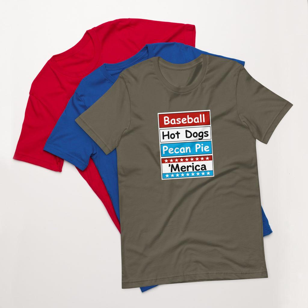 Patriotic t-shirt with bold red, white, and blue stacked Merica design on the front.