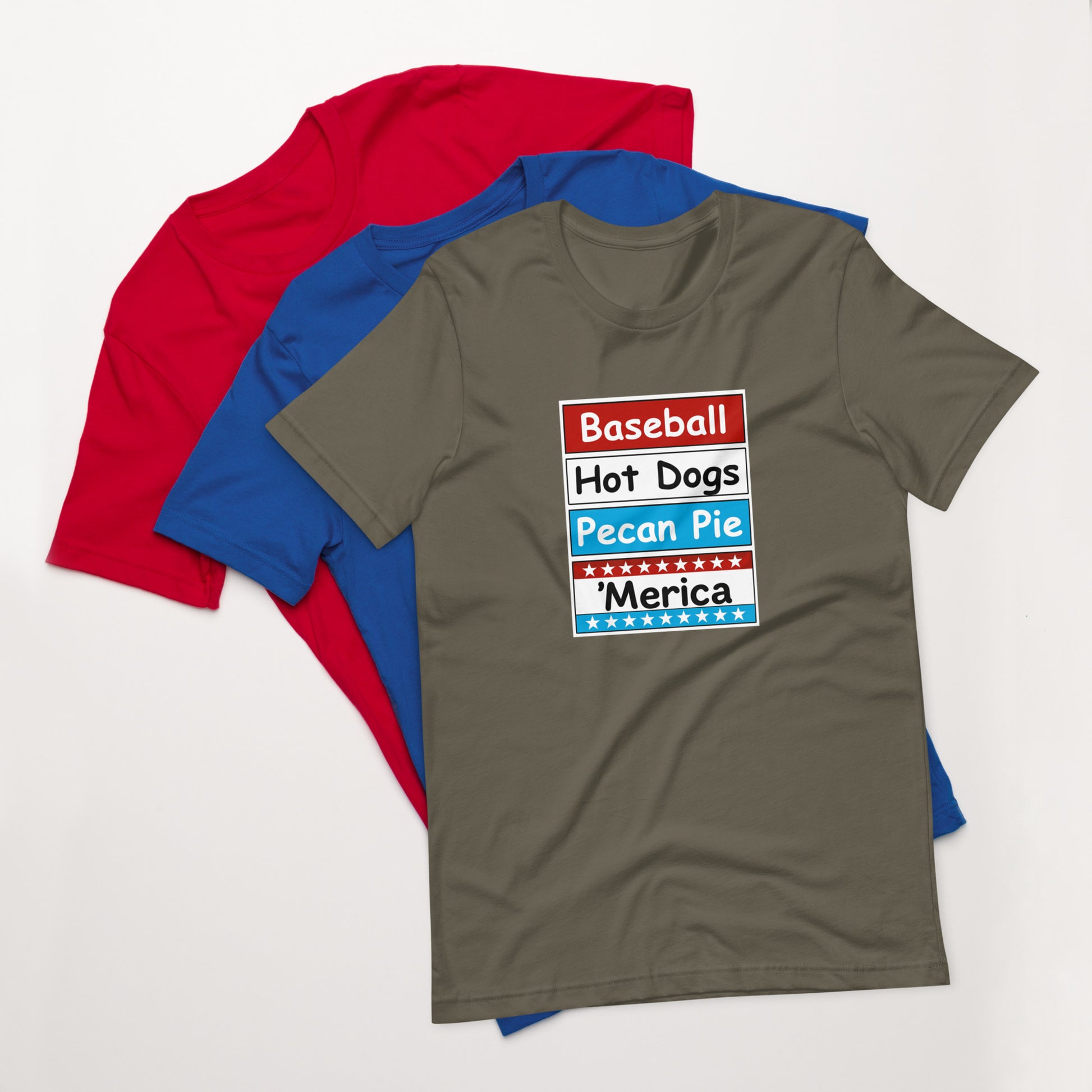 Patriotic t-shirt with bold red, white, and blue stacked Merica design on the front.