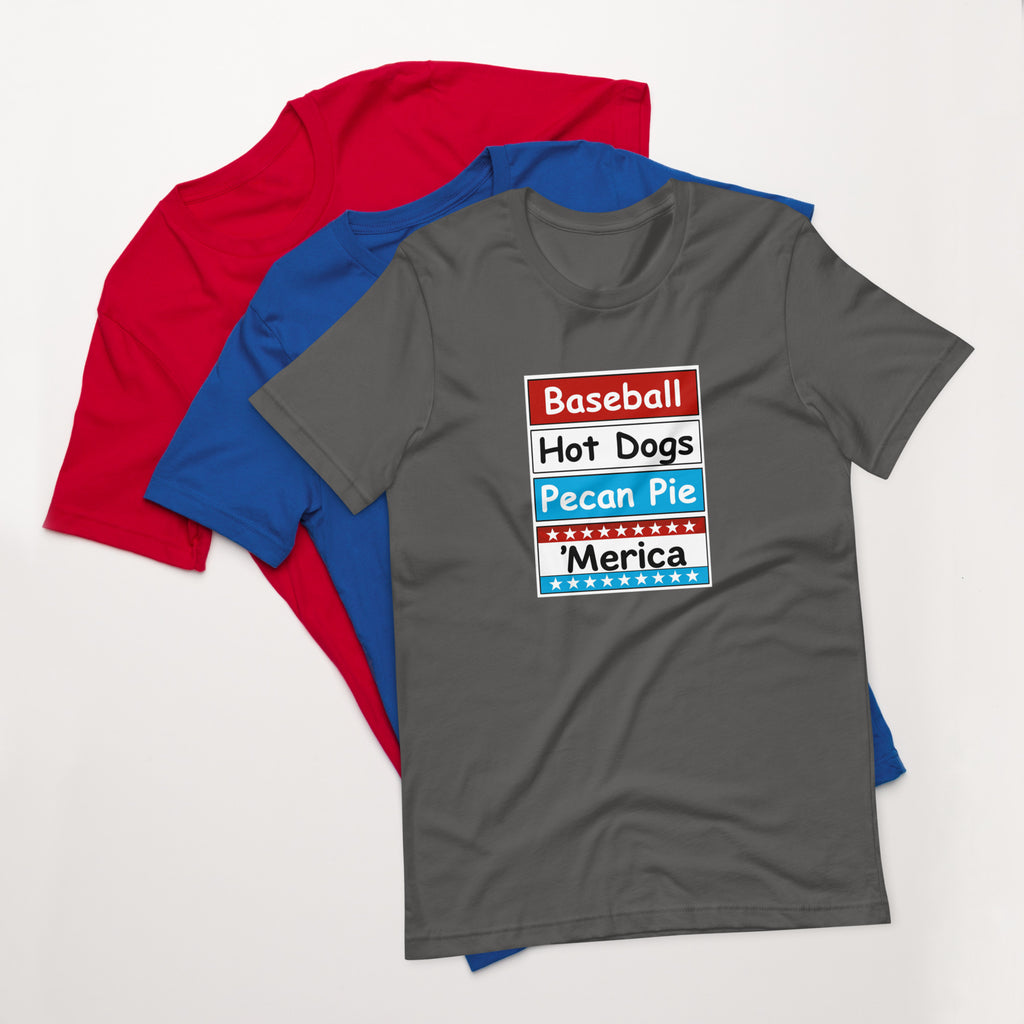 Patriotic t-shirt with bold red, white, and blue stacked Merica design on the front.