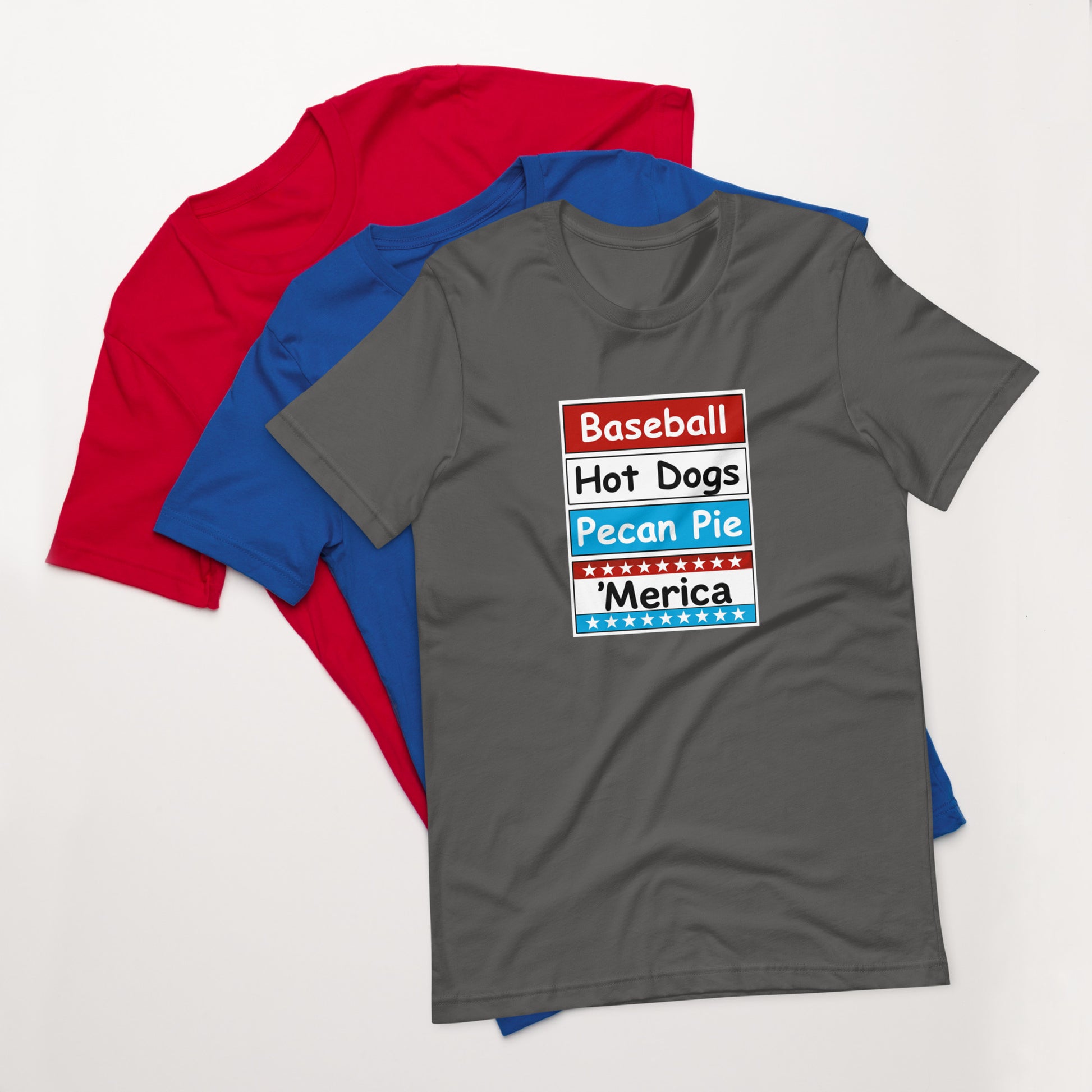Patriotic t-shirt with bold red, white, and blue stacked Merica design on the front.