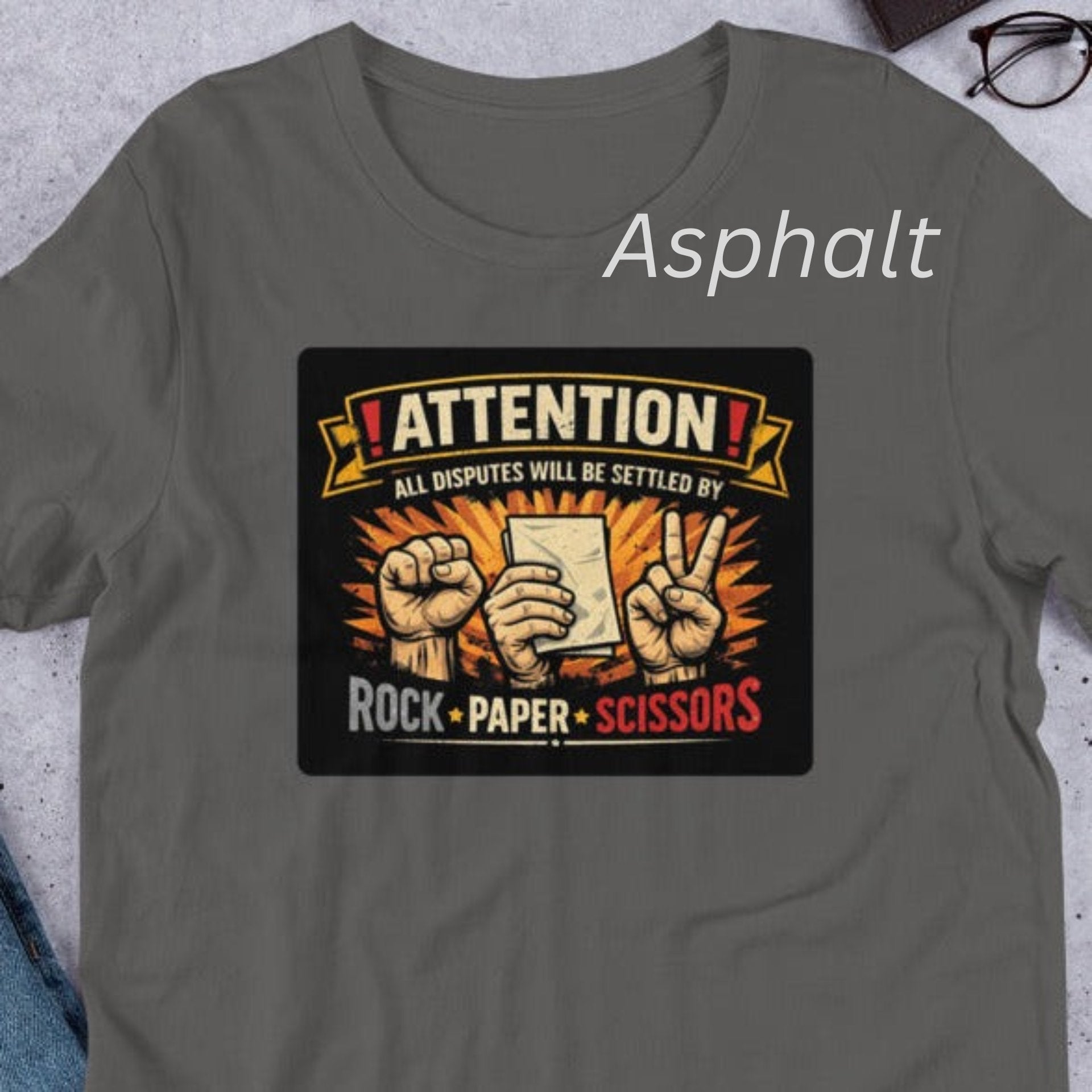 “Funny rock paper scissors t shirt with bold vintage graphic on Bella Canvas 3001”
