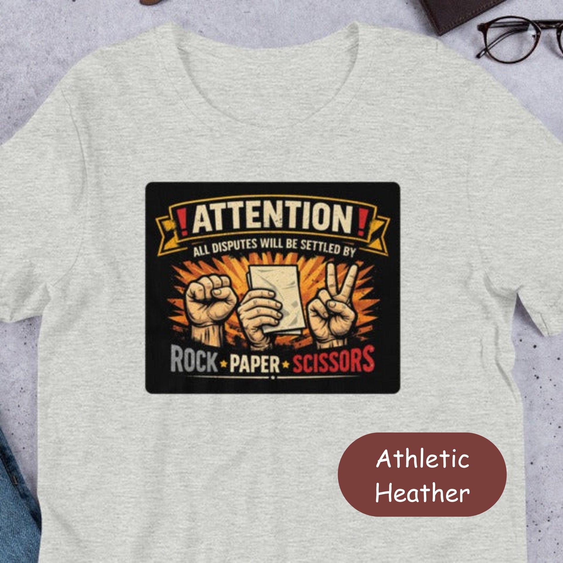 “Funny rock paper scissors t shirt with bold vintage graphic on Bella Canvas 3001”