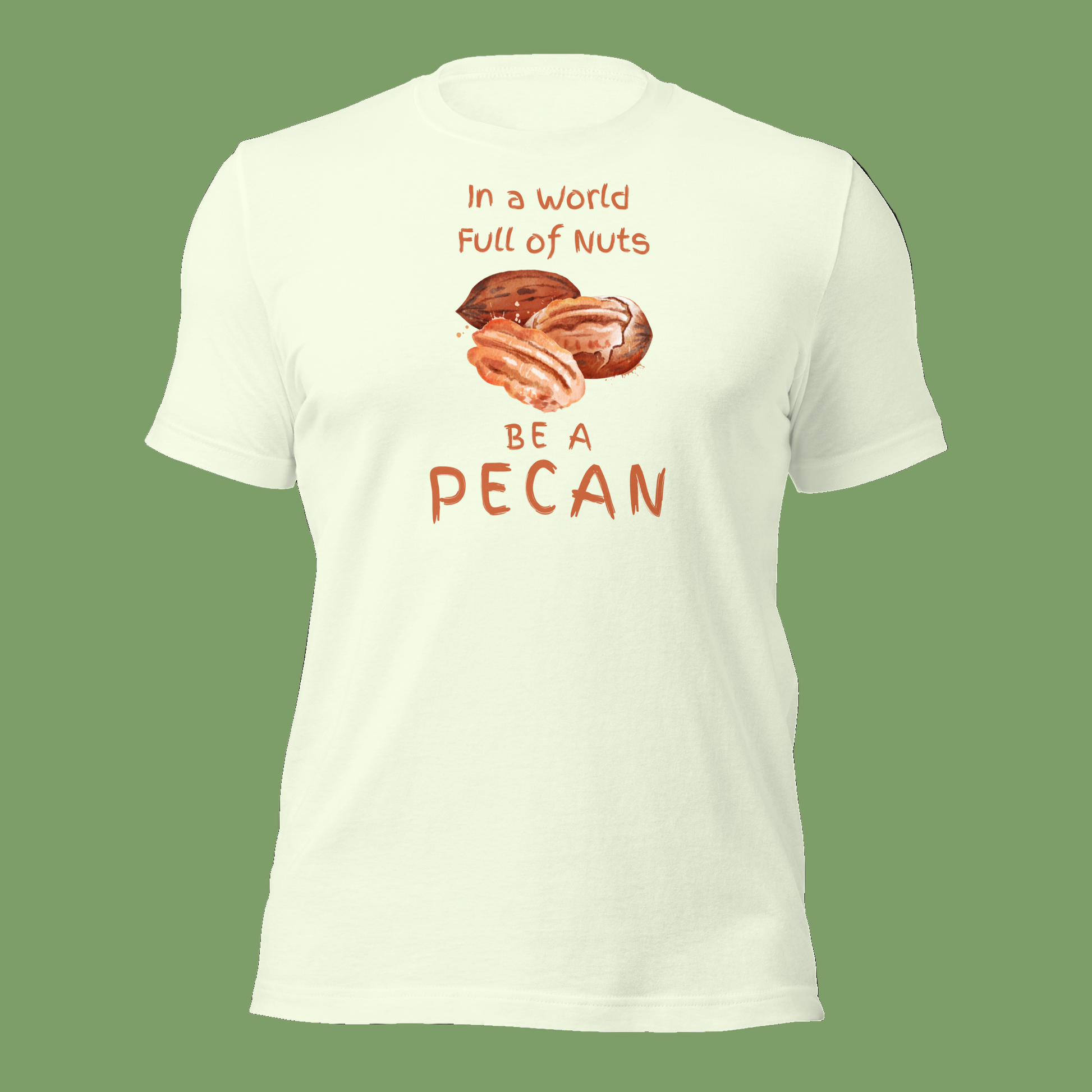 Cartoon-style Pecan Pete on a Bella+Canvas 3001C t-shirt with the slogan “In a world full of nuts, be a pecan.” A playful, humorous design celebrating pecans with a small NuttyMerch logo printed on the back near the neck.
