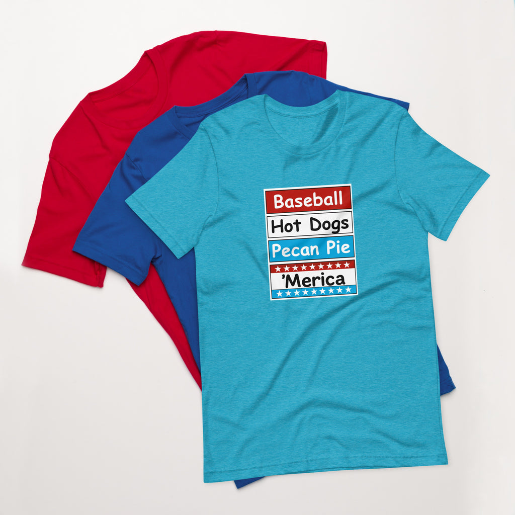 Patriotic t-shirt with bold red, white, and blue stacked Merica design on the front.