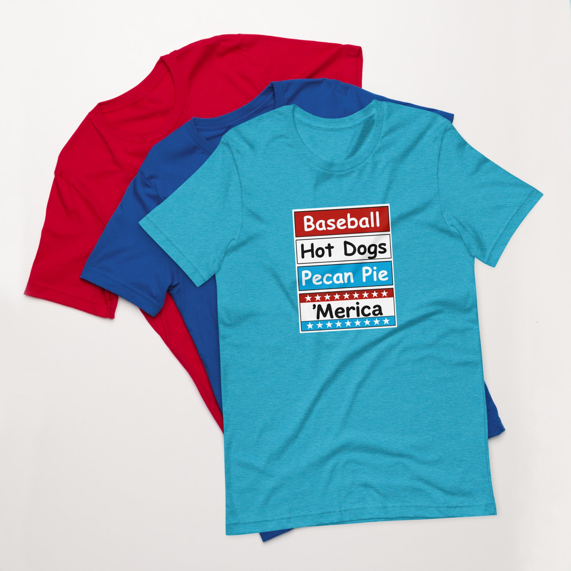 Patriotic t-shirt with bold red, white, and blue stacked Merica design on the front.