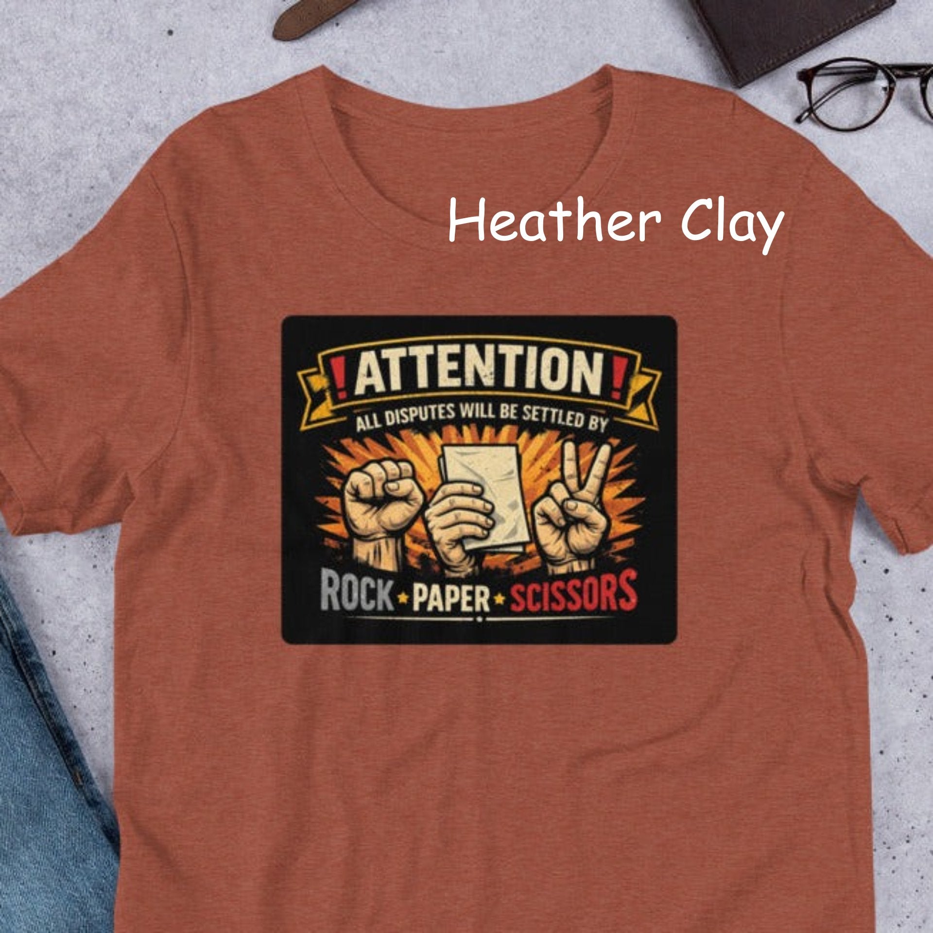 “Funny rock paper scissors t shirt with bold vintage graphic on Bella Canvas 3001”