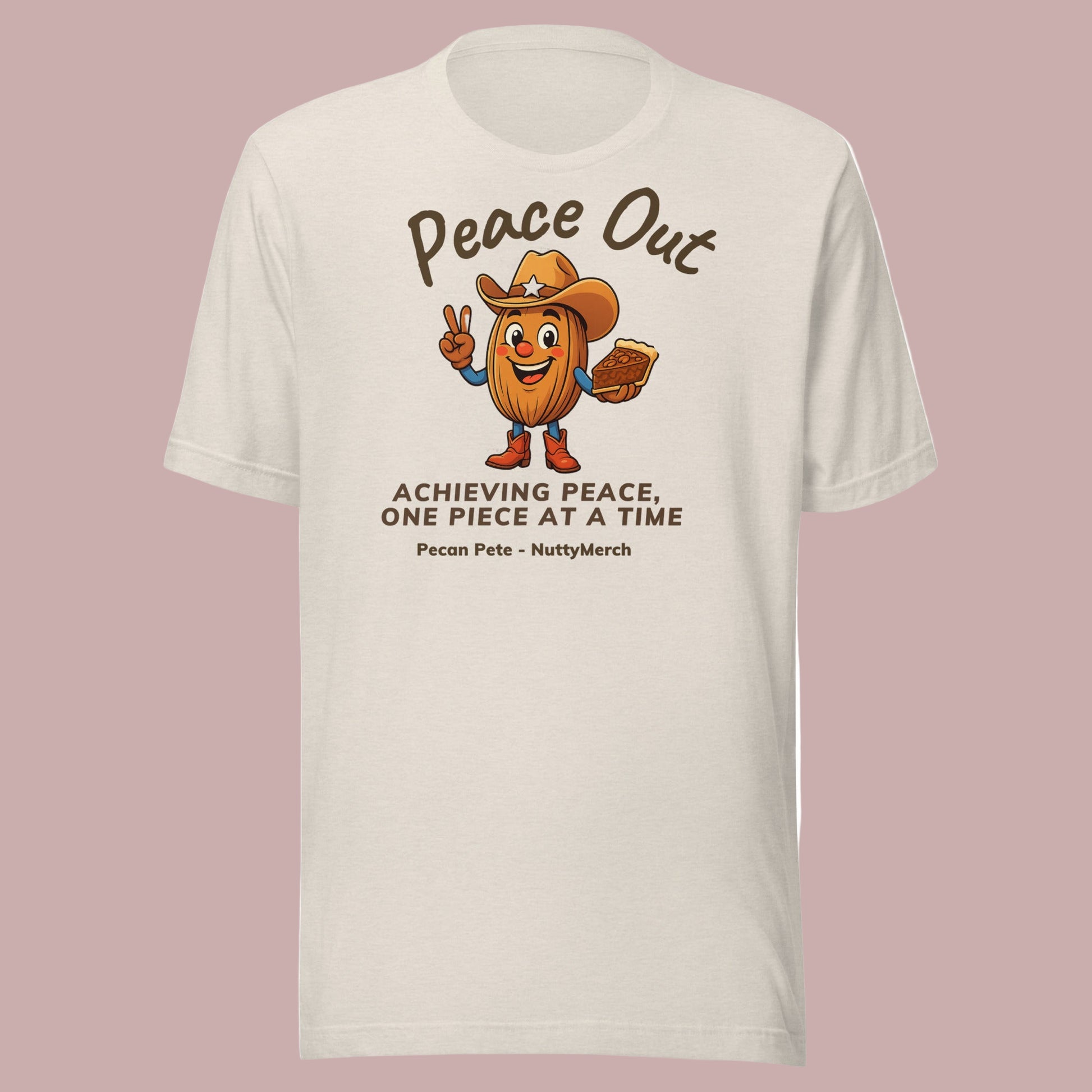 PUnisex heathered T-shirt with "KEEP CALM AND EAT PECAN PIE" graphic and illustrated pecan pie slice, styled in various lifestyle scenes including porch, playground, BBQ, and holiday settings.roduct mockup