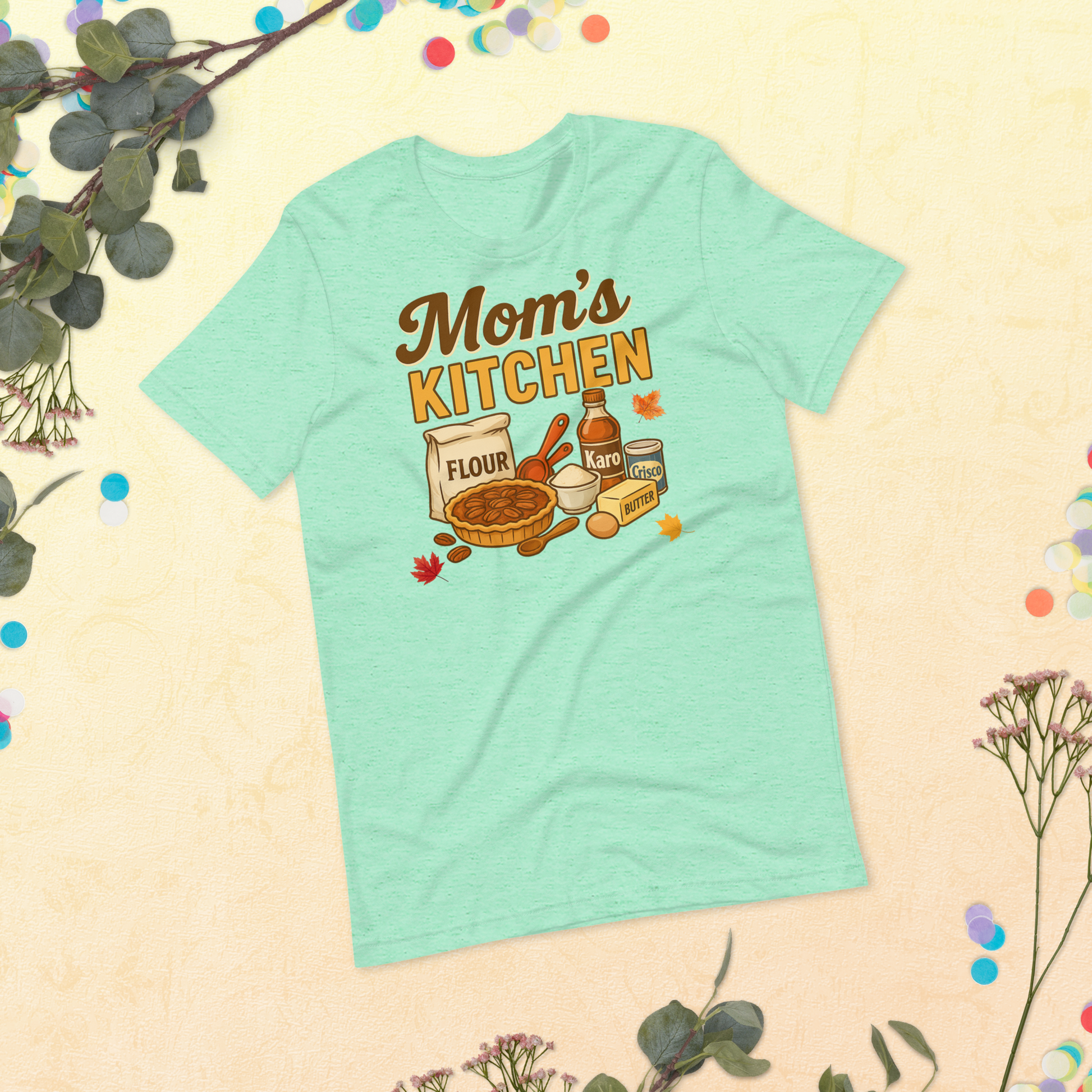 - Thanksgiving baking tee on Heather Prism Mint with pecan pie and retro kitchen items
- 
