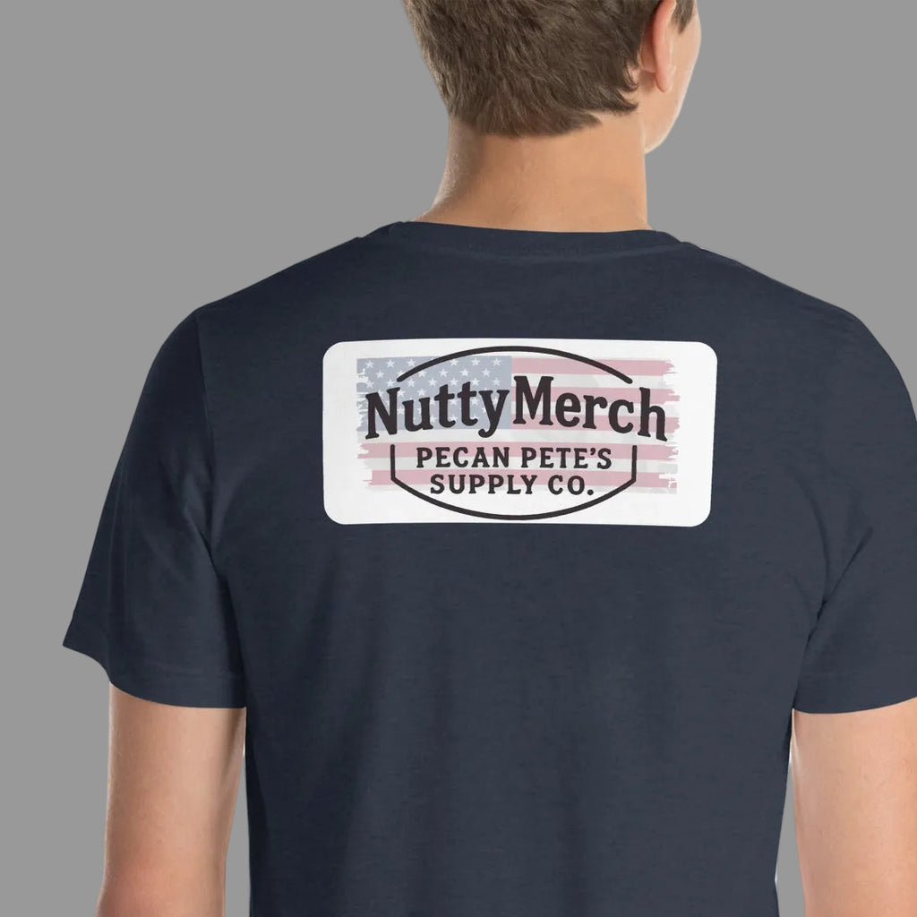 “NuttyMerch Pecan Pete’s Supply Co. logo printed large on the back of a Bella + Canvas 3001 unisex t-shirt”