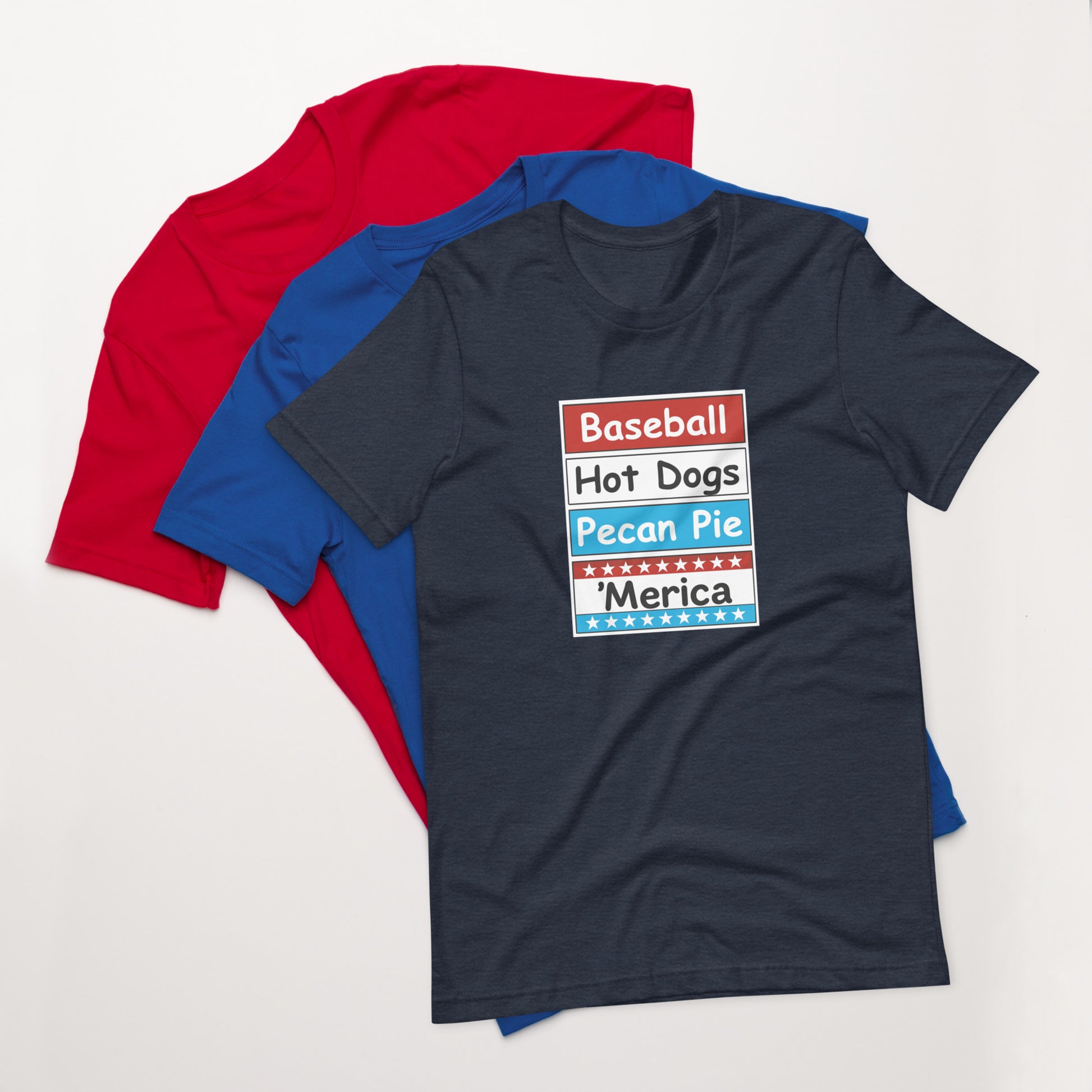 Patriotic t-shirt with bold red, white, and blue stacked Merica design on the front.