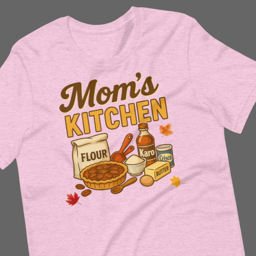 Thanksgiving baking tee on Heather Prism Lilac with pecan pie and retro kitchen items