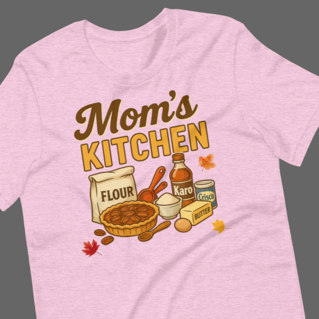Thanksgiving baking tee on Heather Prism Lilac with pecan pie and retro kitchen items