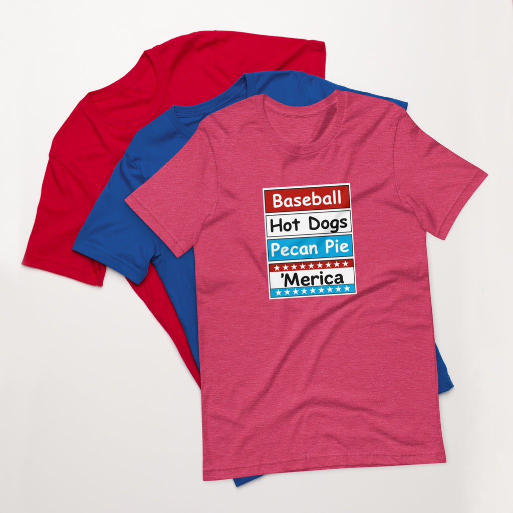 Patriotic t-shirt with bold red, white, and blue stacked Merica design on the front.